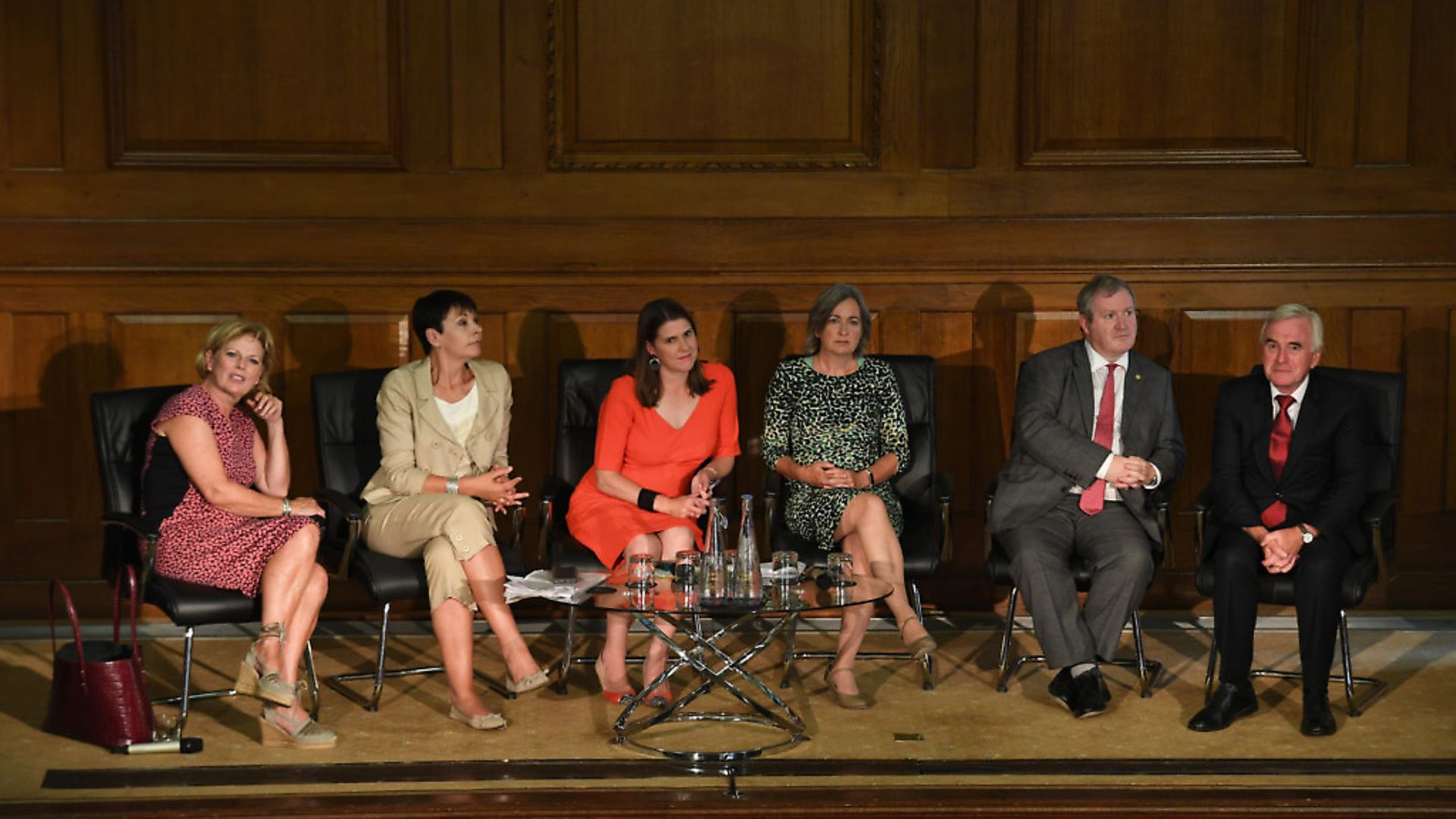 Anna Soubry, Caroline Lucas, Jo Swinson, Liz Saville Roberts, Ian Blackford and John McDonnell during a meeting of a cross-party group of MPs. Photograph: Stefan Rousseau/PA. - Credit: PA Wire/PA Images