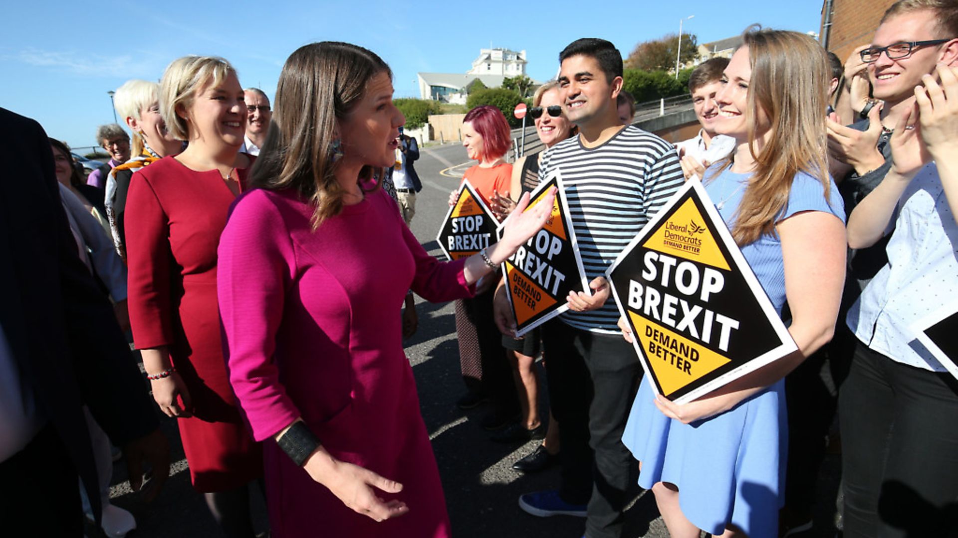 Liberal Democrat leader Jo Swinson (centre) is greeted by party members as she arrives for the Liberal Democrats autumn conference at the Bournemouth International Centre in Bournemouth. Photograph: Jonathan Brady/PA Wire. - Credit: PA