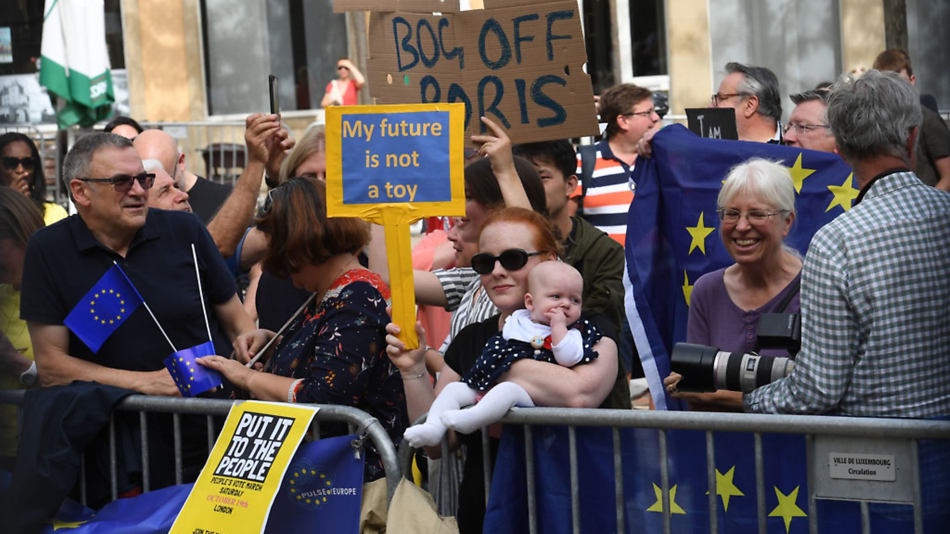 Protesters outside the Luxembourg Ministry of State in Luxembourg, prior to a meeting between Prime Minister Boris Johnson and Luxembourg Prime Minister Xavier Bettel. PA Photo. Picture date: Monday September 16, 2019. See PA story POLITICS Brexit. Photo credit should read: Stefan Rousseau/PA Wire - Credit: PA