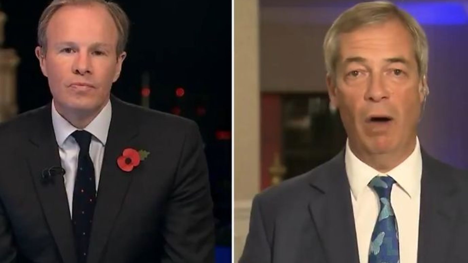 ITV's Tom Bradby (L) and Nigel Farage during an interview - Credit: Twitter