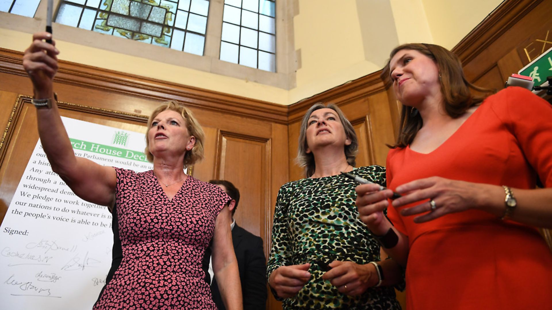 Anna Soubry, Liz Saville Roberts and Jo Swinson, during a meeting of a cross-party group of MPs. Photograph: Stefan Rousseau/PA. - Credit: PA Wire/PA Images