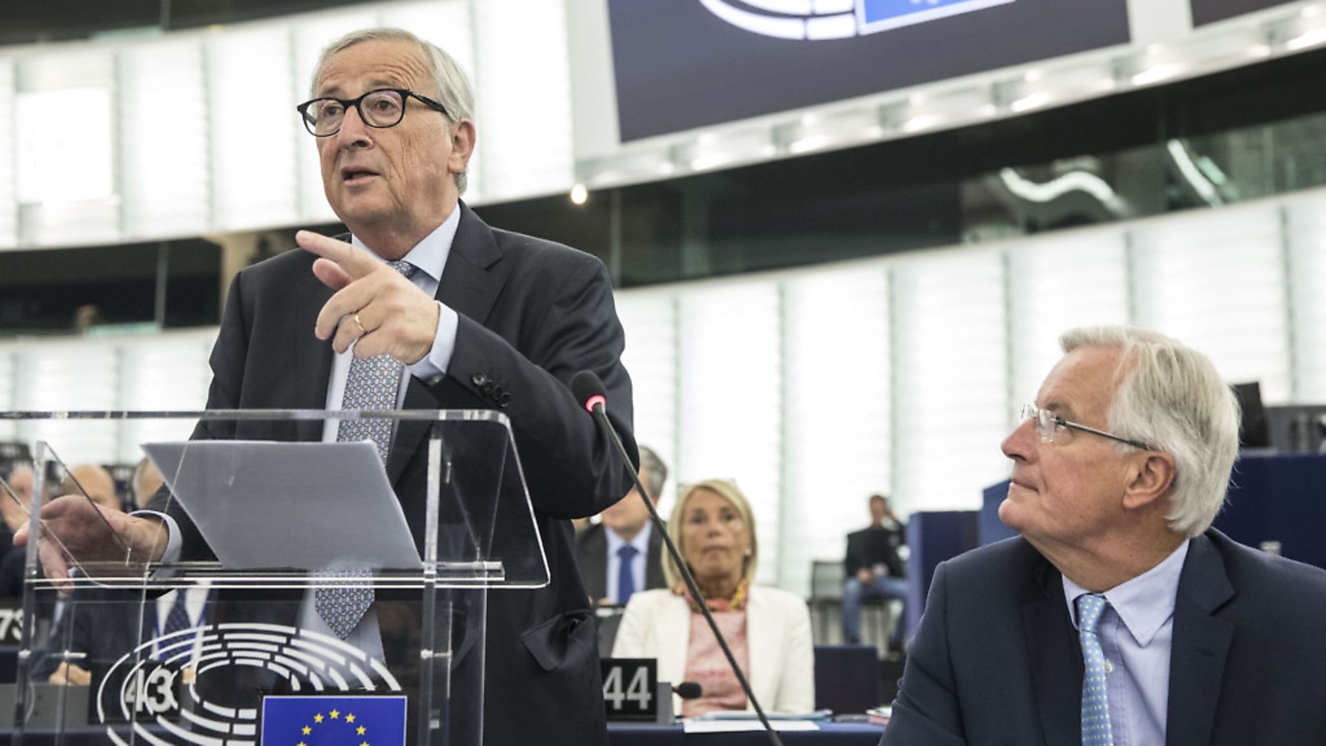 European Commission president Jean-Claude Juncker speaks while European Union chief Brexit negotiator Michel Barnier, right, looks on. (AP Photo/Jean-Francois Badias) - Credit: AP