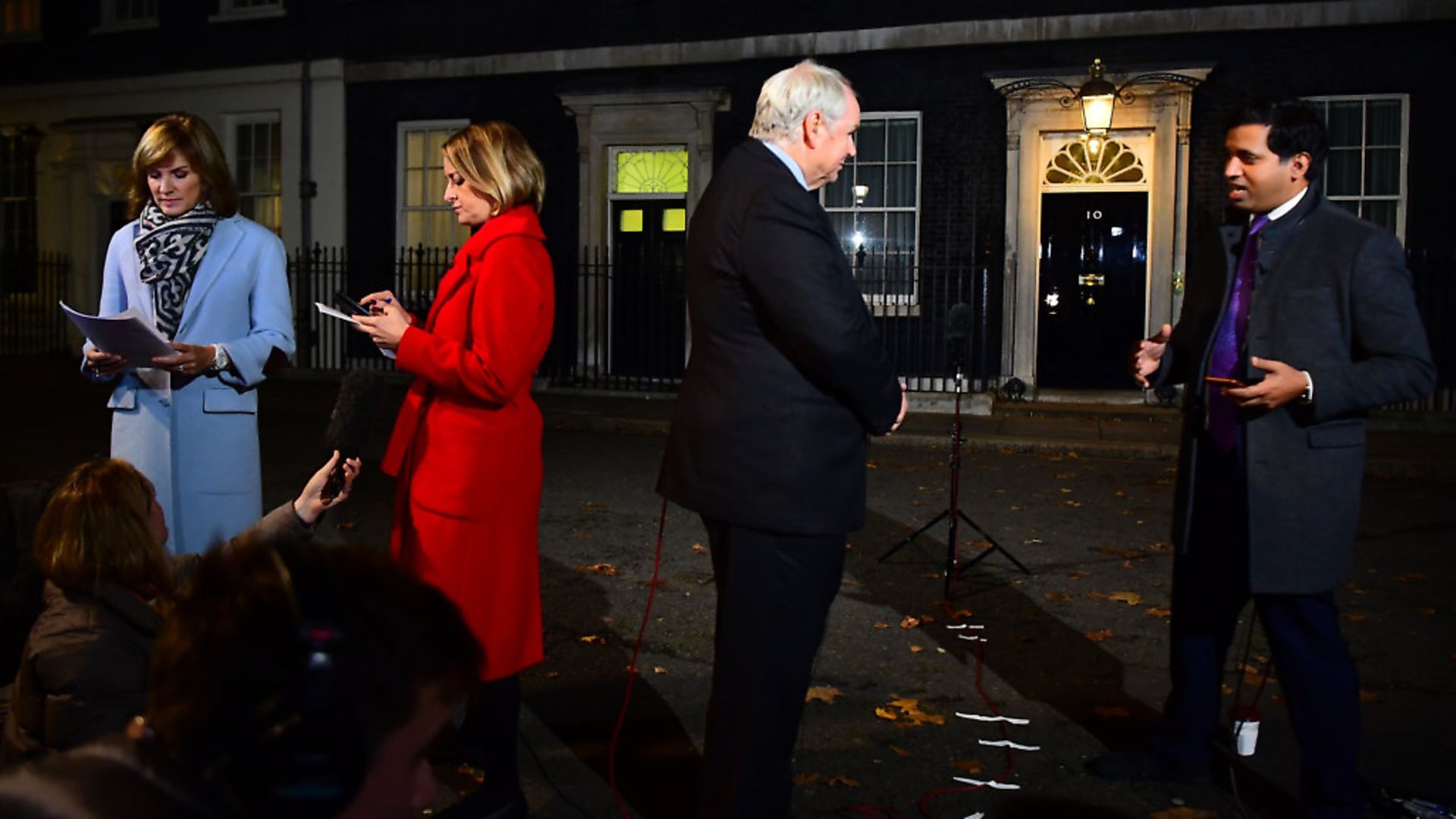 (Left to right) BBC News presenter Fiona Bruce, BBC Political Editor Laura Kuenssberg, Sky News presenter Adam Boulton and reporter Faisal Islam at Downing Street, London. - Credit: PA Wire/PA Images