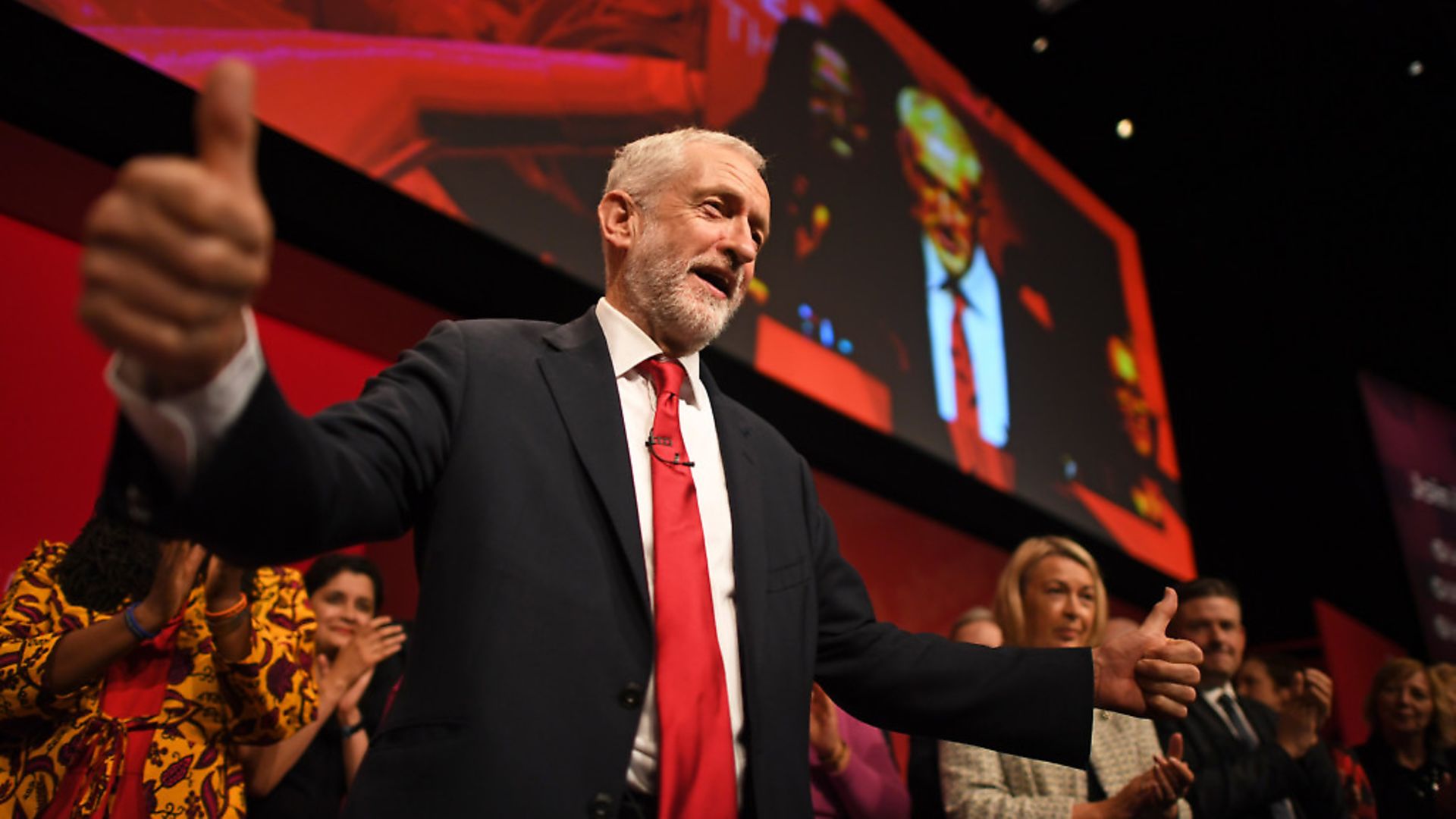 Labour leader Jeremy Corbyn is joined by the shadow cabinet on stage. Photograph: Victoria Jones/PA. - Credit: PA Wire/PA Images