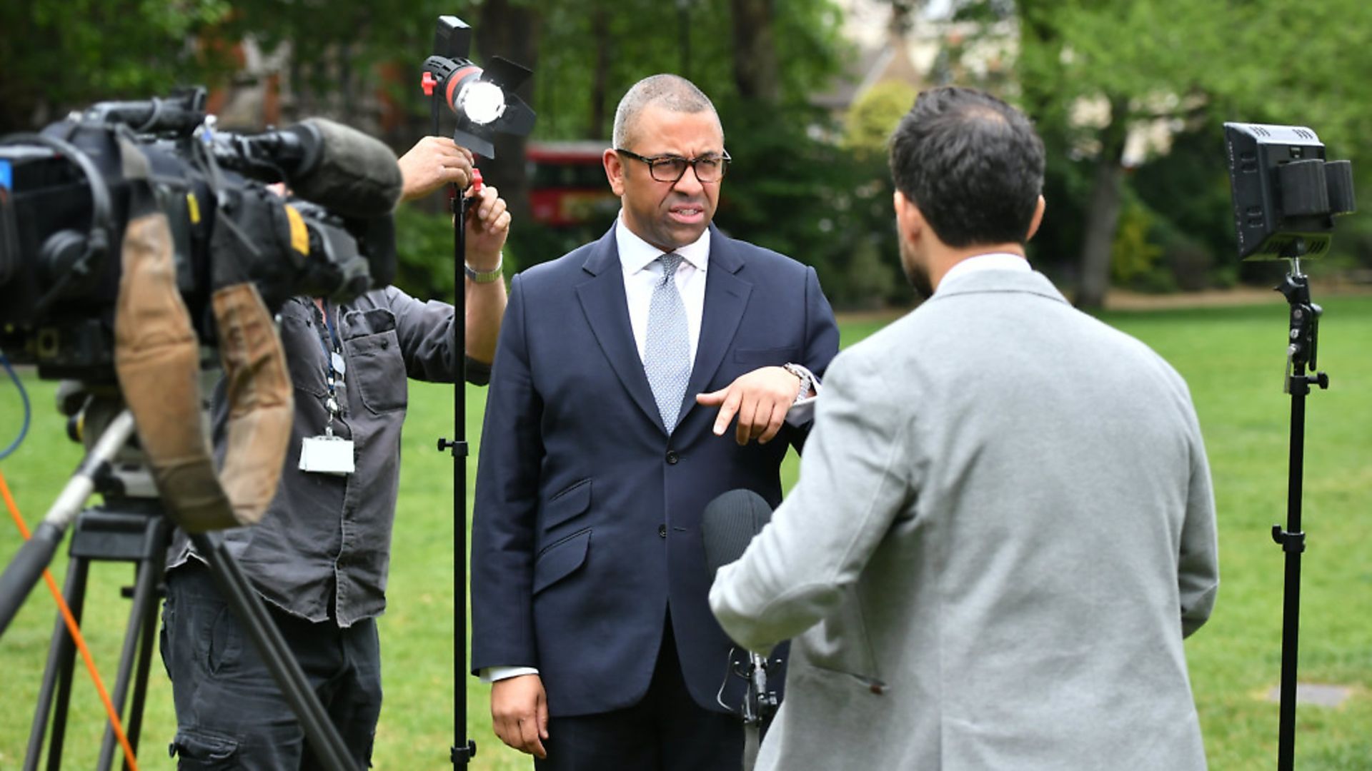 James Cleverly preparing for a media appearance. The Conservative party's suggested Q&A answers have been leaked ahead of the general election. Picture: Dominic Lipinski/PA Wire/PA Images - Credit: PA Wire/PA Images
