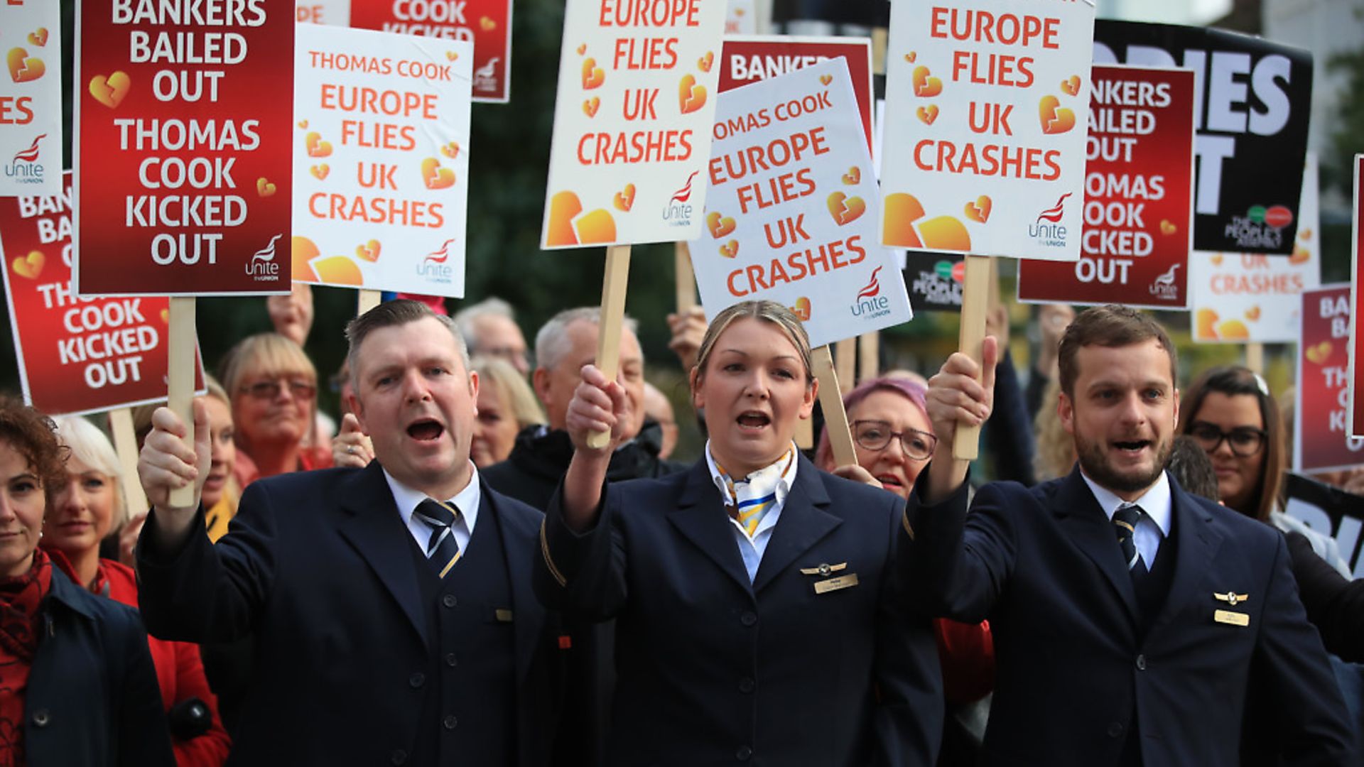 Former Thomas Cook cabin crew protesting outside Conservative Party Conference. Photograph: Peter Byrne/PA. - Credit: PA Wire/PA Images