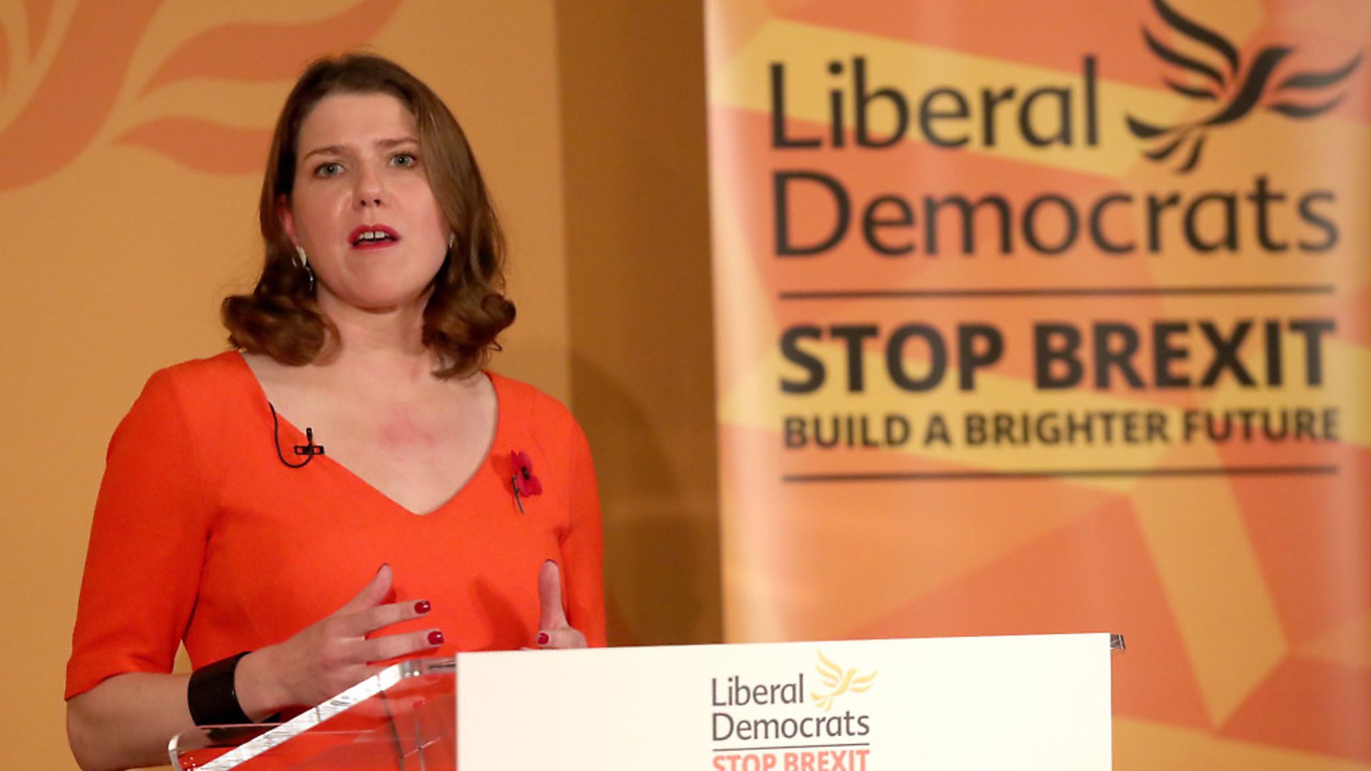 Liberal Democrat leader Jo Swinson speaking at the launch the Liberal Democrat General Election campaign at the Institute of Civil Engineers in London. PA Photo. Picture date: Tuesday November 5, 2019. The Liberal Democrats have vowed to put a £50 billion ÒRemain bonusÓ into public services if they win the General Election. See PA story POLITICS Election LibDems. Photo credit should read: Steve Parsons/PA Wire - Credit: PA