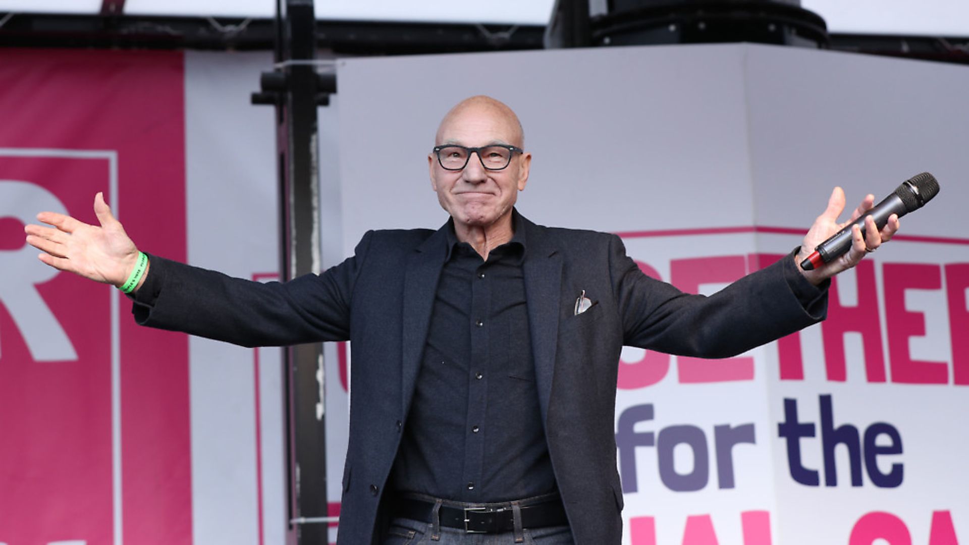 Actor Patrick Stewart speaks on stage during the People's Vote rally.  Credit: PA