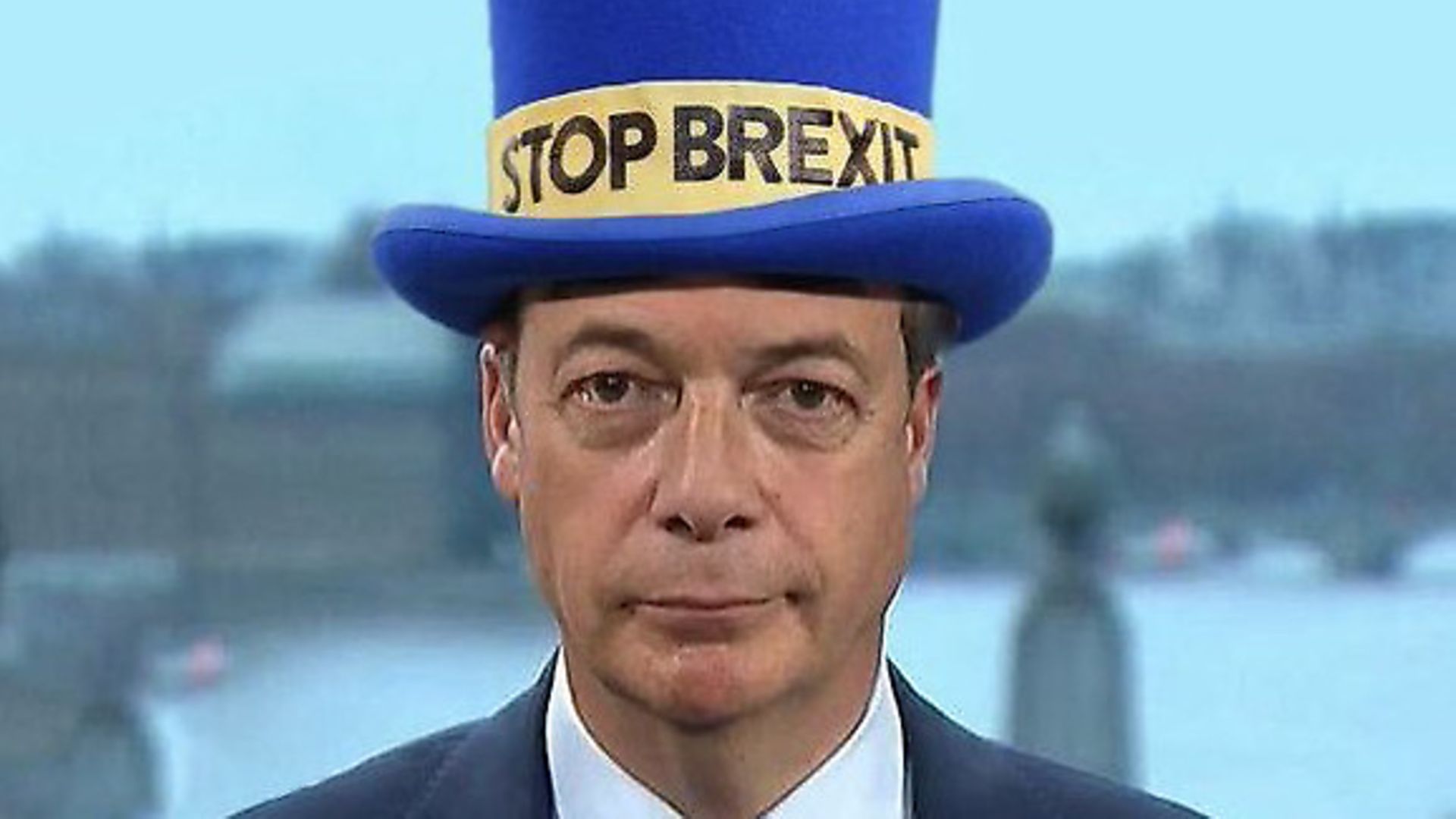 Nigel Farage is mocked up to wear Steve Bray's 'stop Brexit' hat after calling for another extension. Photograph: Chris Barker/Twitter. - Credit: Archant