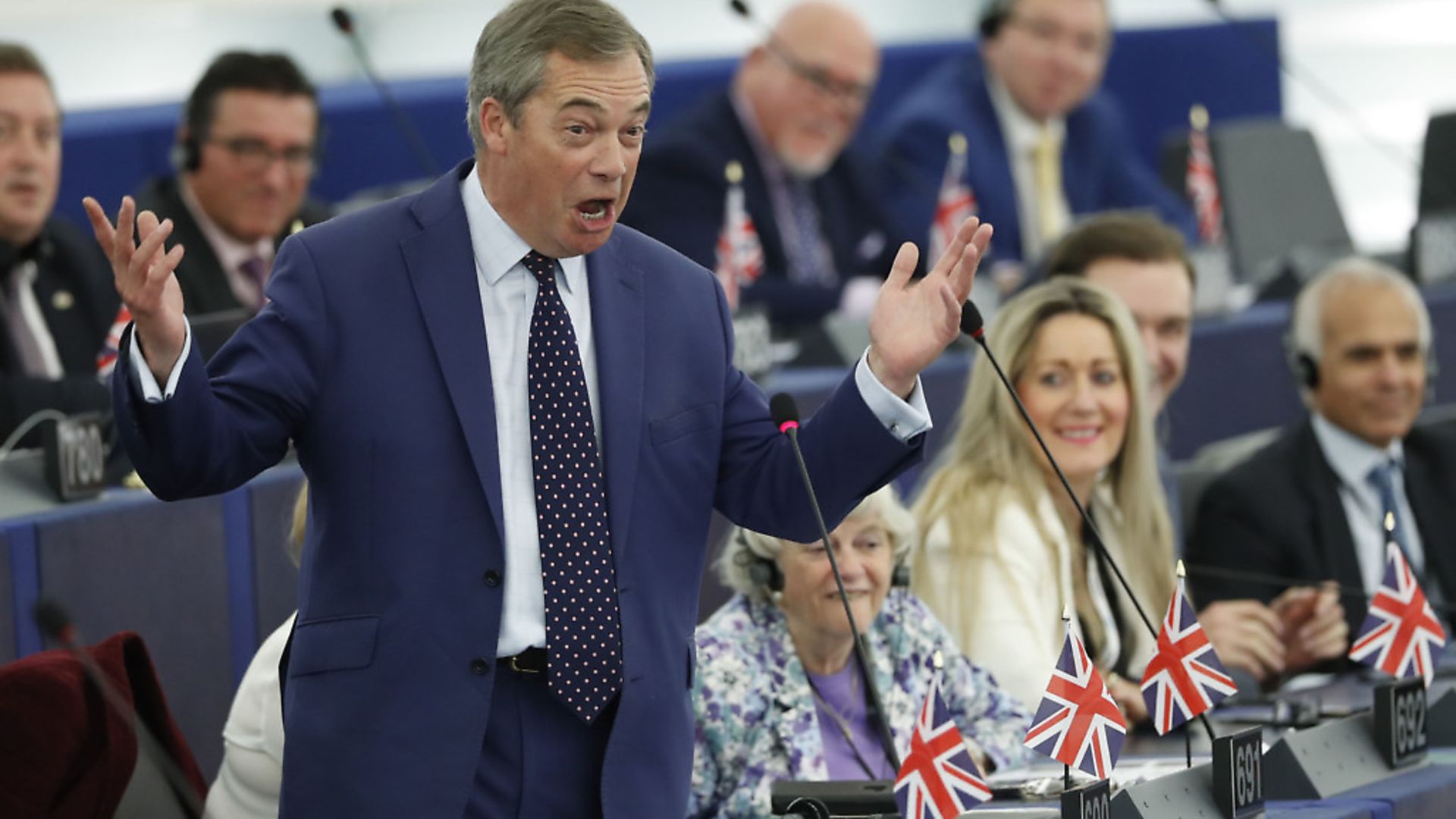 Brexit Party leader Nigel Farage delivers a speech in the European parliament. (AP Photo/Jean-Francois Badias) - Credit: AP