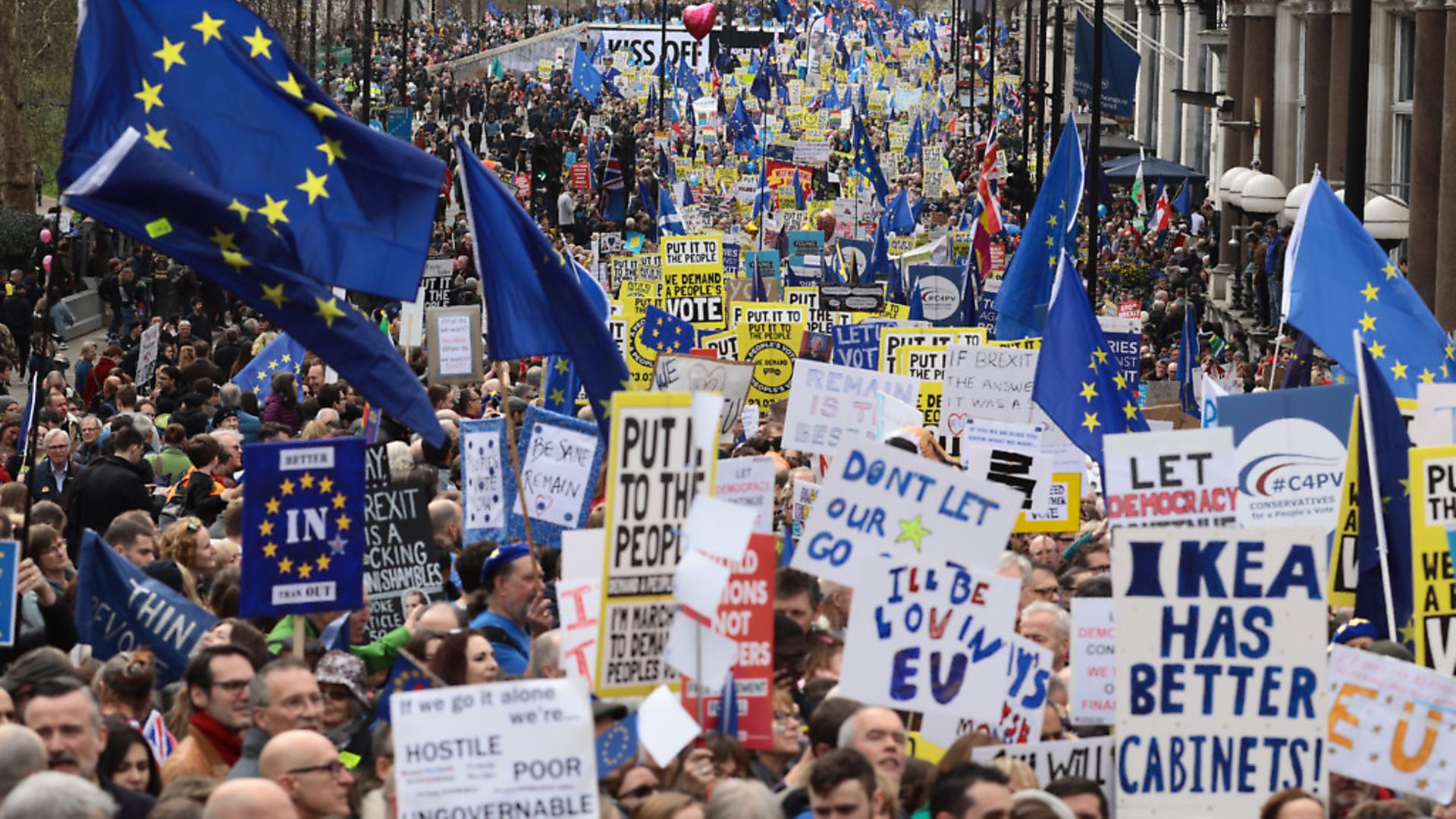 People's Vote campaigners are marching in London on the day of the vote on Boris Johnson's Brexit deal. (Photo by Dan Kitwood/Getty Images) - Credit: Getty Images