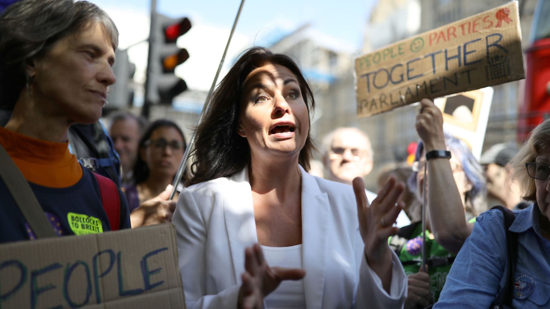 Heidi Allen speaks to Brexit protesters outside the Houses of Parliament in Westminster, London. Photo: Aaron Chown / PA - Credit: PA Wire/PA Images