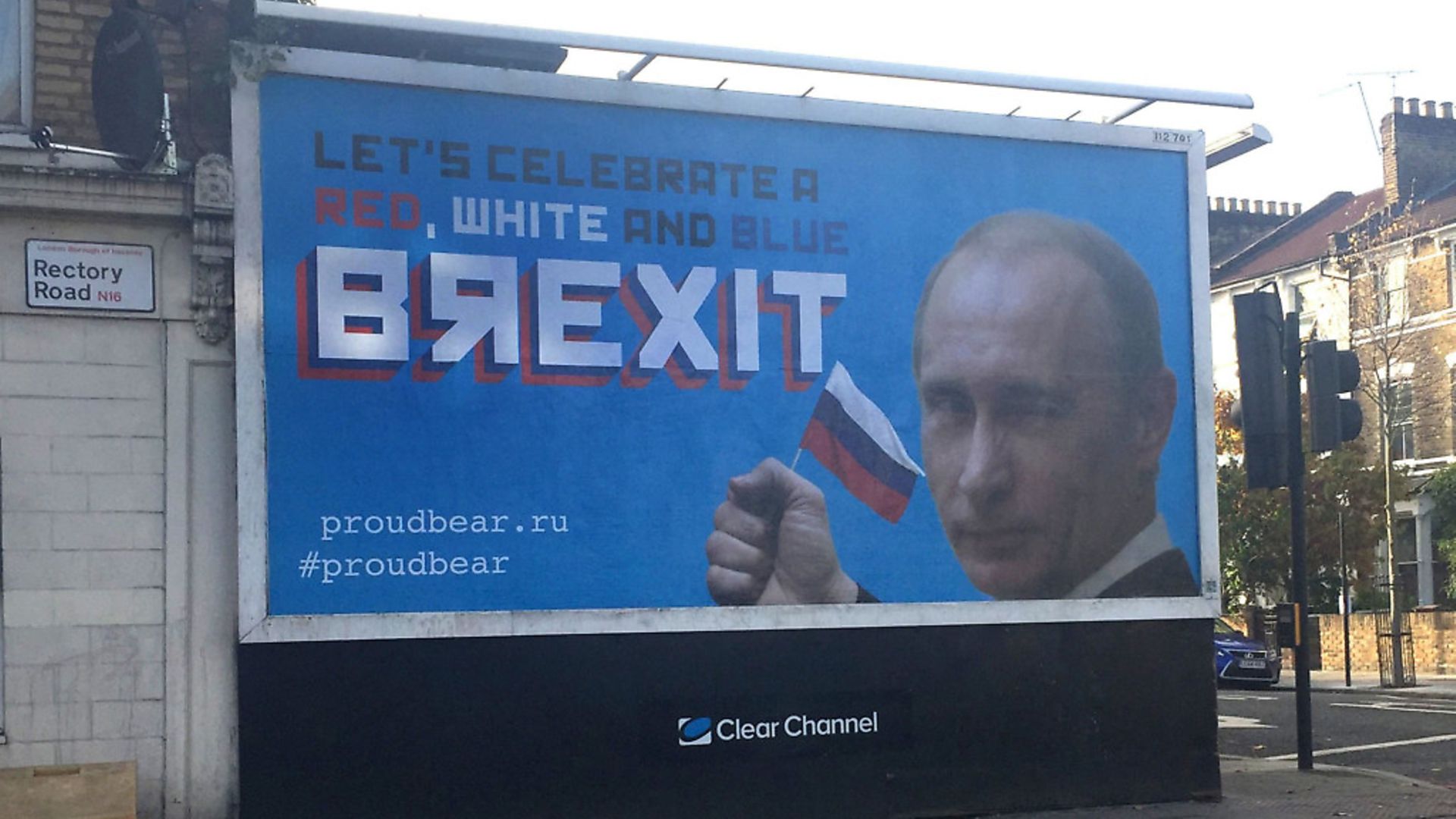 A billboard featuring Russian leader Vladamir Putin in north London after an anonymous group of activists erected billboards suggesting a Brexit link between Russia and Britain. Photograph: Caitlin Doherty/PA. - Credit: PA Archive/PA Images