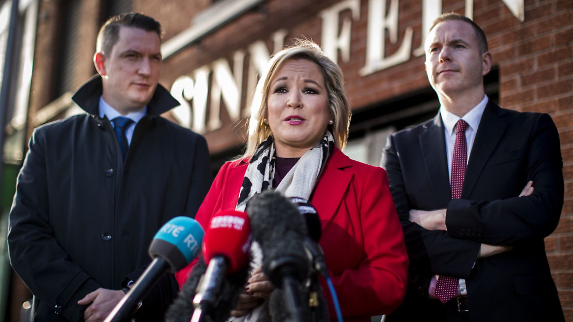 Sinn Fein Vice President Michelle ONeill with party colleagues John Finucane (left) and Chris Hazzard (right). Photograph: Liam McBurney/PA Wire. - Credit: PA