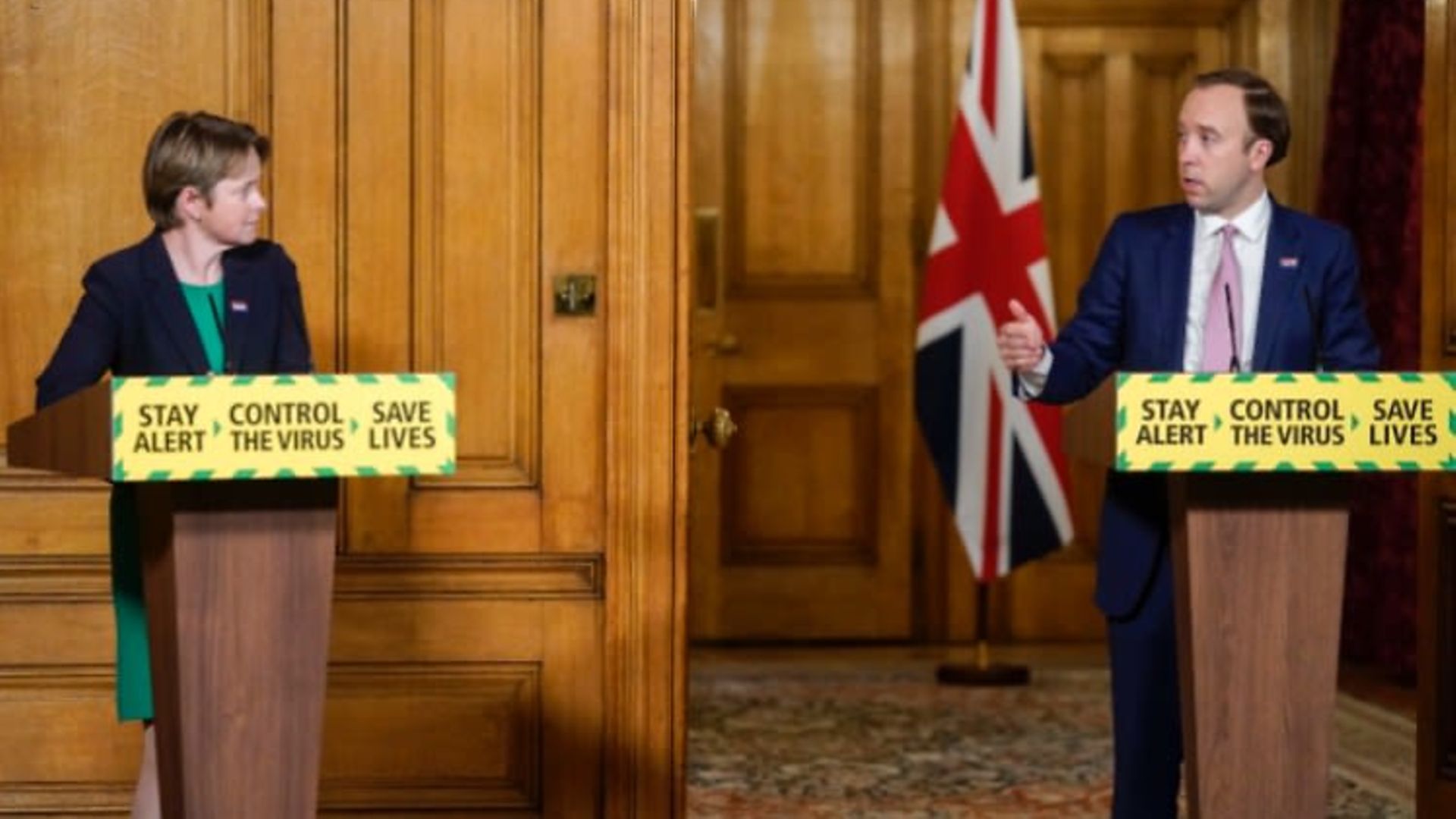 Dido Harding and Matt Hancock at a Number 10 press conference - Credit: Downing Street/PA