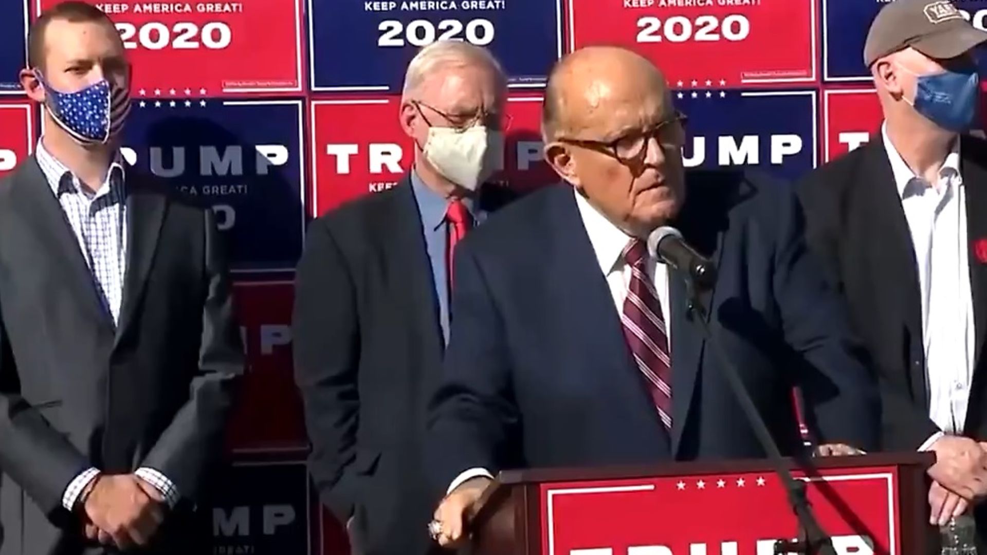 Rudy Giuliani addresses the media with the Trump legal team after news media named Democratic presidential nominee Joe Biden the winner in the 2020 US presidential election - Credit: Twitter