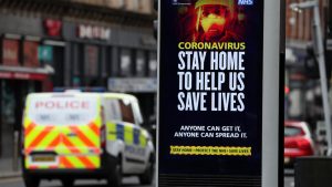 Police patrol the streets of Glasgow as the UK continues in lockdown to help curb the spread of the coronavirus. Photo: Andrew Milligan/PA.
