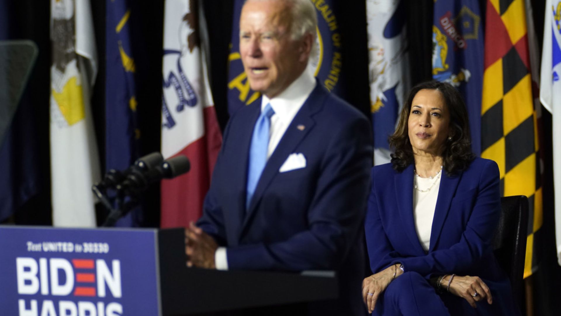 Joe Biden speaks during a campaign event with Kamala Harris - Credit: AP