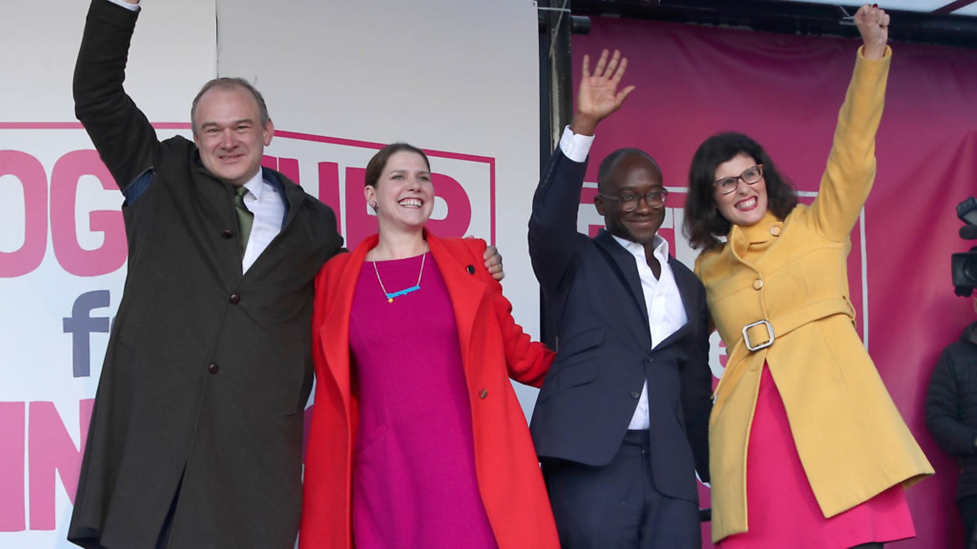 Sir Ed Davey, Liberal Democrat leader Jo Swinson and Liberal Democrat MPs Sam Gyimah and Layla Moran, on stage during a People's Vote rally. Photograph: Yui Mok/PA. - Credit: PA Wire/PA Images