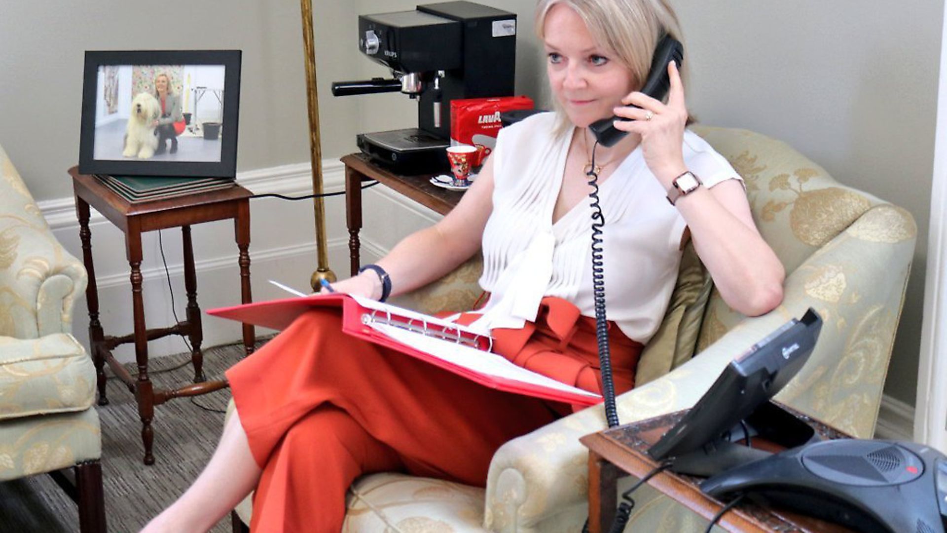 International trade secretary Liz Truss on the phone, attempting to make international trade deals, of which she appears to have made roughly 3.5. Picture: Liz Truss - Credit: Liz Truss