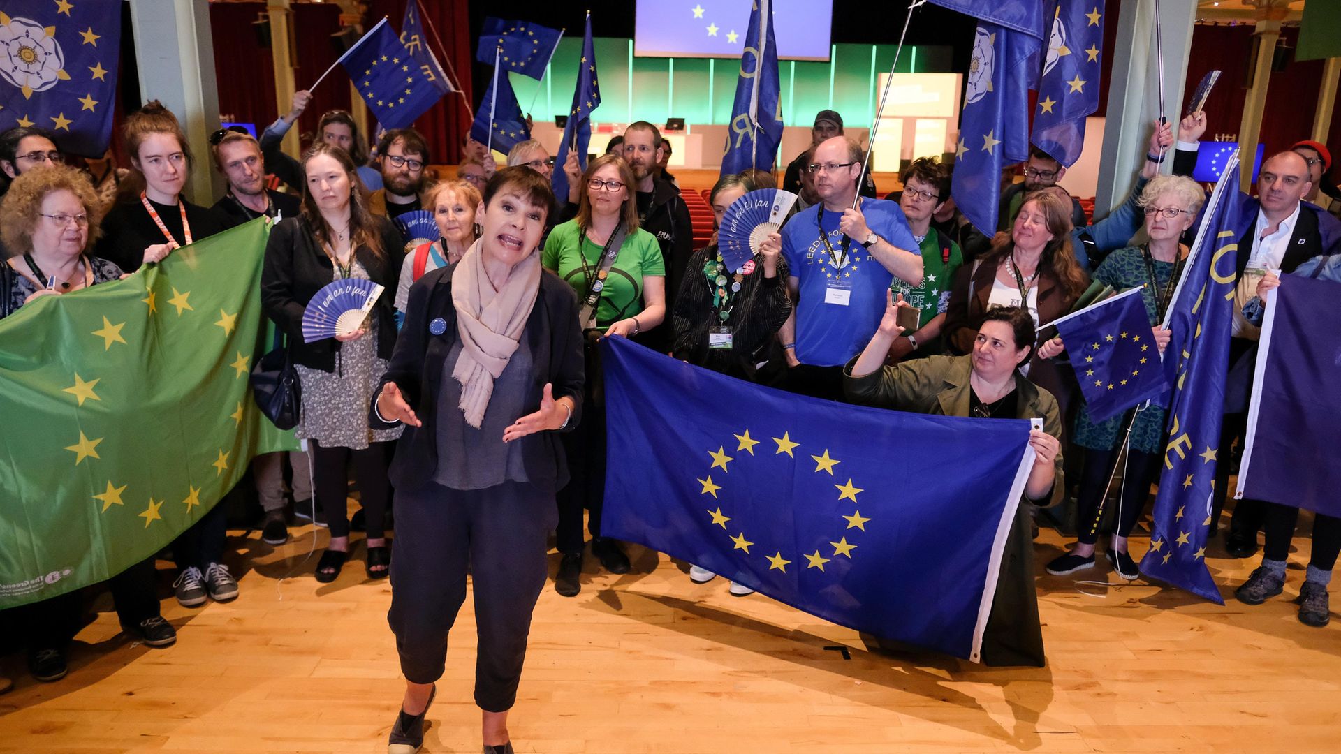 Caroline Lucas joins Green Party delegates and local anti-Brexit groups as they come together to hold an anti-Brexit rally - Credit: Getty Images