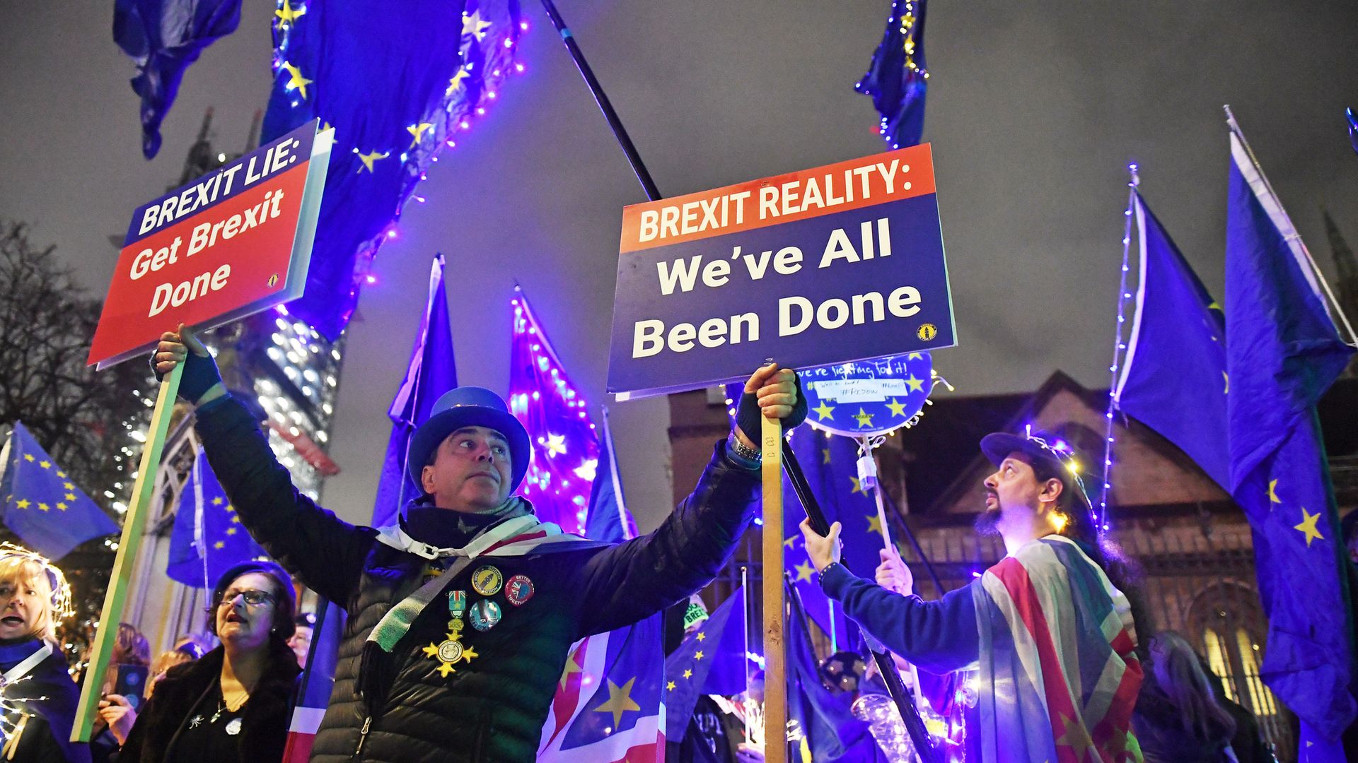 Anti-Brexit protesters outside the Houses of Parliament, Westminster, London. - Credit: PA