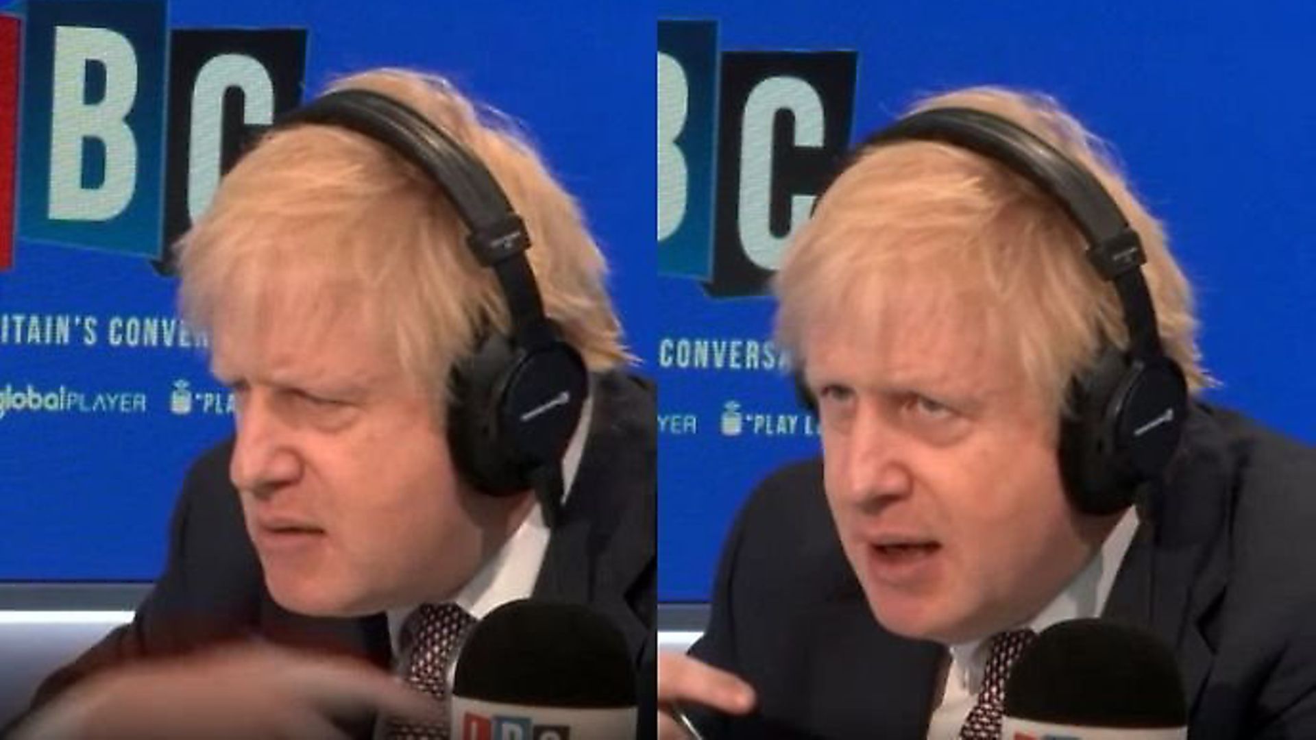 Boris Johnson makes the signal to Nick Ferrari after being challenged on social care. Photograph: LBC. - Credit: Archant