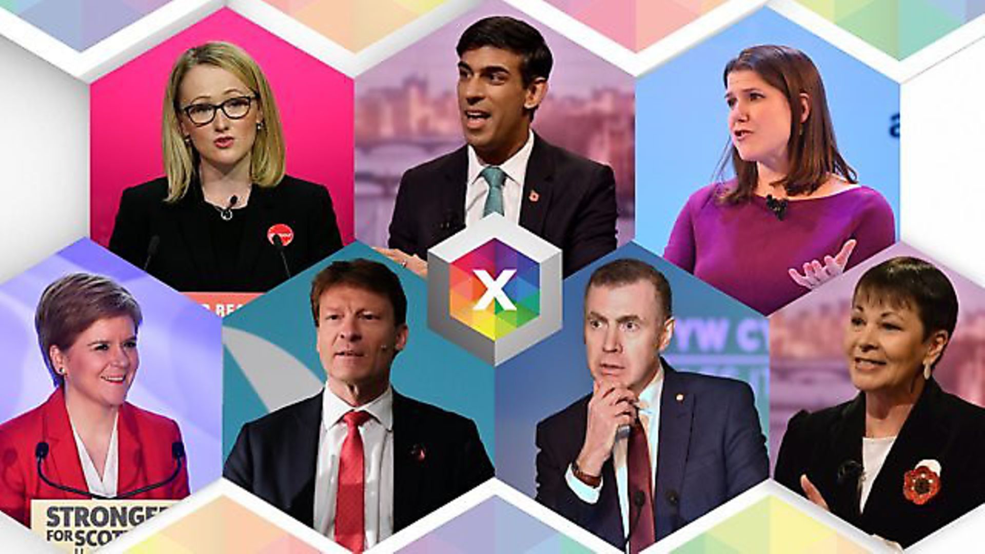 The BBC election debate included Rebecca Long-Bailey, Rishi Sunak, Jo Swinson, Nicola Sturgeon, Richard Tice, Adam Price and Caroline Green. Photographs: BBC. - Credit: Archant
