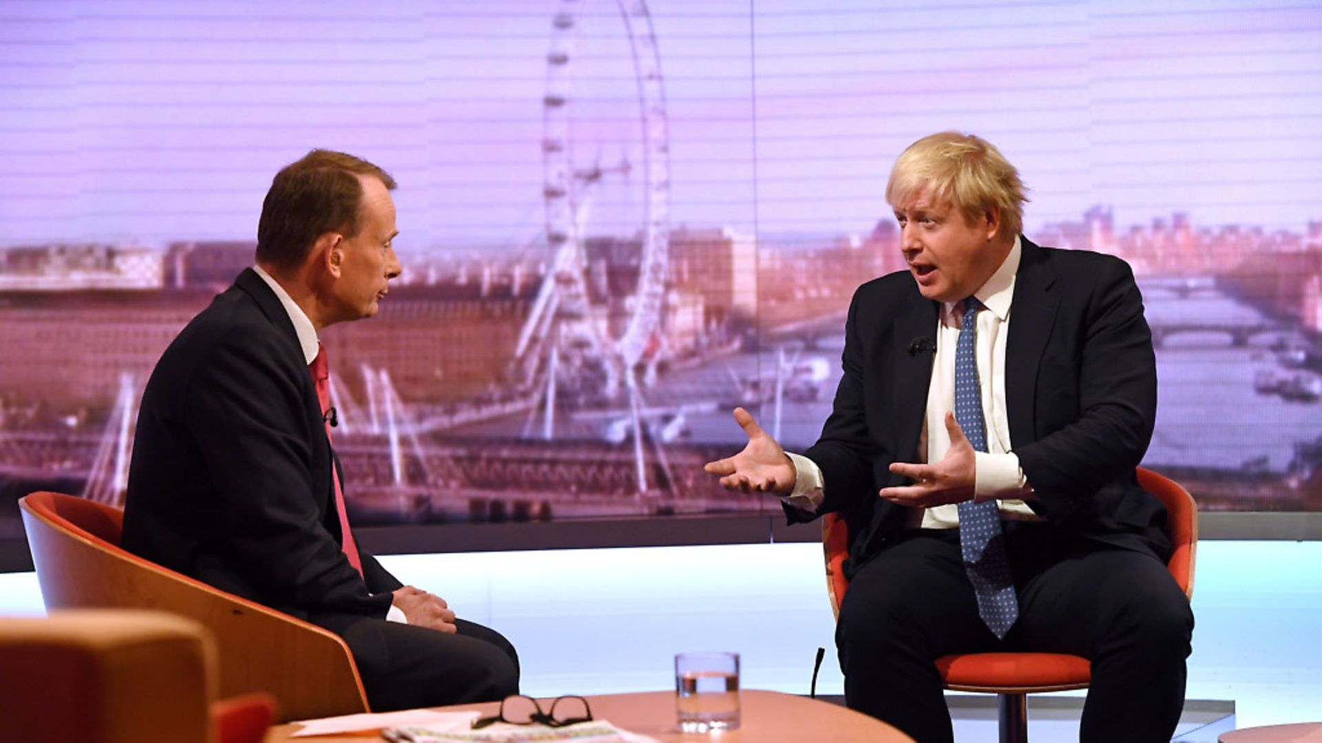Andrew Marr (left) and Foreign Secretary Boris Johnson during filming for  The Andrew Marr Show. Photograph: Victoria Jones/PA. - Credit: PA Archive/PA Images