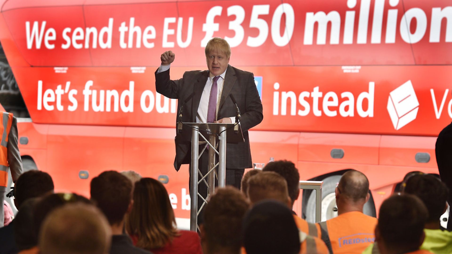 Boris Johnson speaks to employees during a visit to Reid Steel, Christchurch in front of the £350m message.(Ben Birchall/PA) - Credit: PA Archive/PA Images
