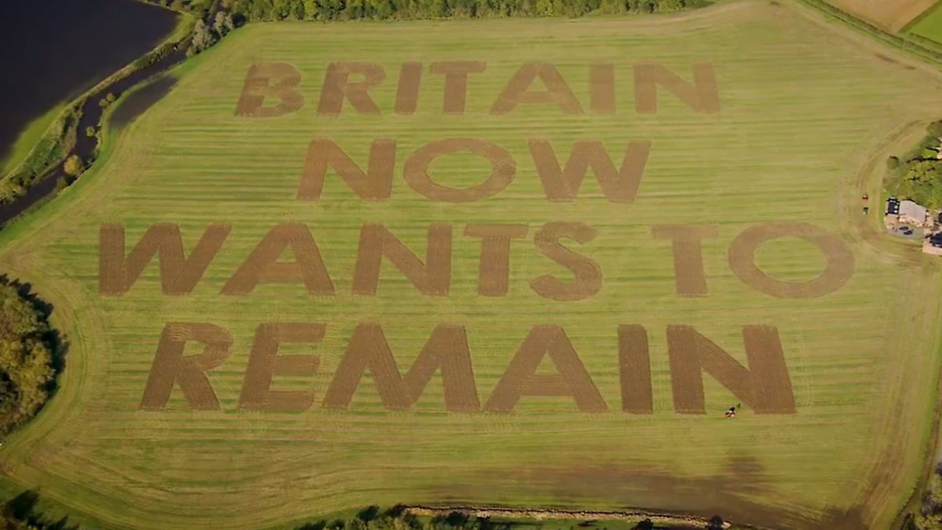 "Britain now wants to remain" is the giant message ploughed into a field in Wiltshite by campaigners Led By Donkeys. Picture: Led By Donkeys - Credit: Led By Donkeys