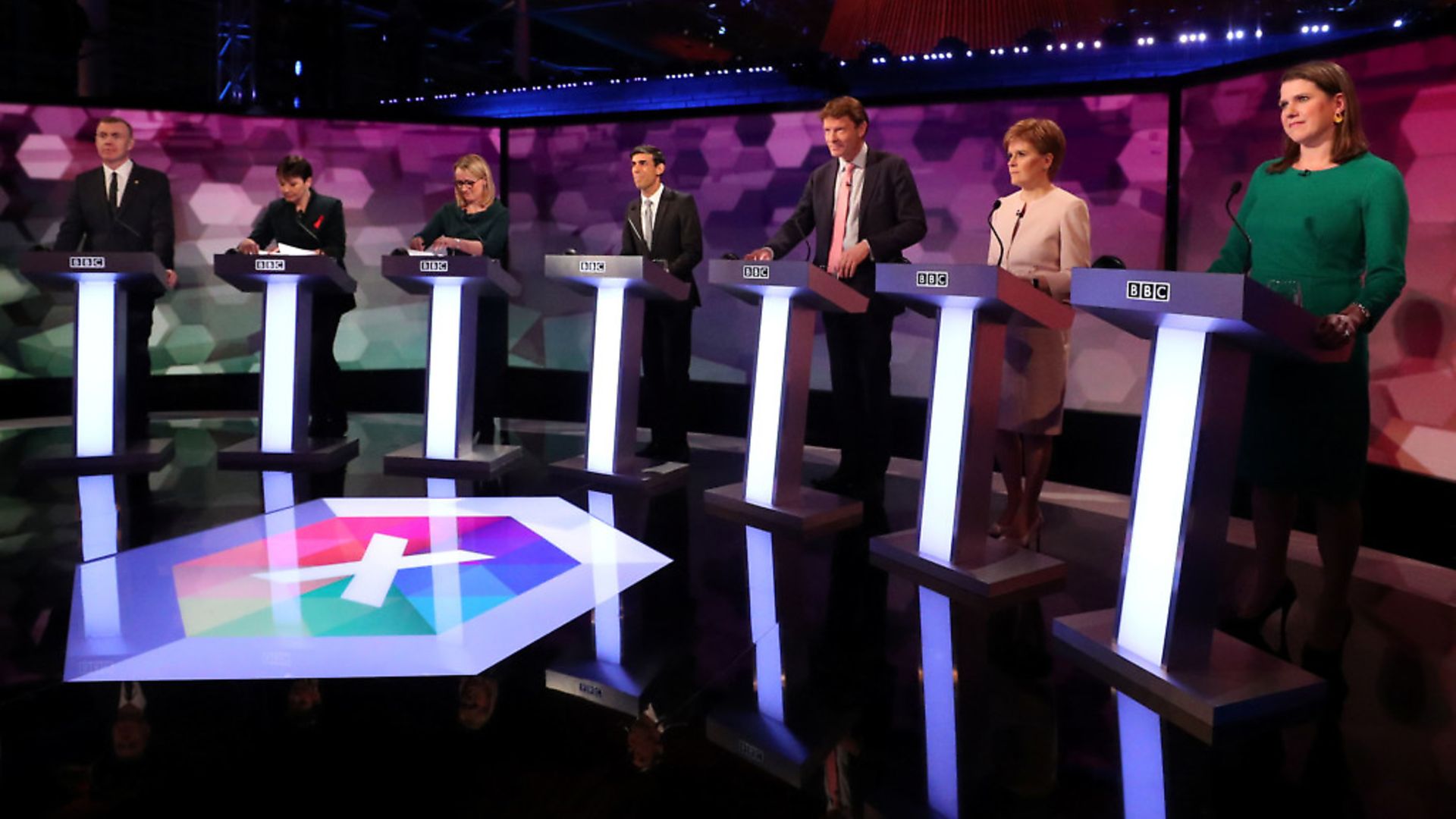 Representatives from seven of the major parties in a TV debate. Photograph: Hannah McKay/PA Wire - Credit: PA