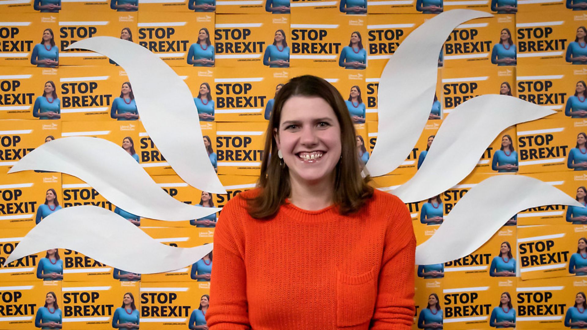 Liberal Democrat leader Jo Swinson poses in front of the wings taken from her party's logo during a visit to a volunteer hub in London. Photograph: Aaron Chown/PA Wire. - Credit: PA