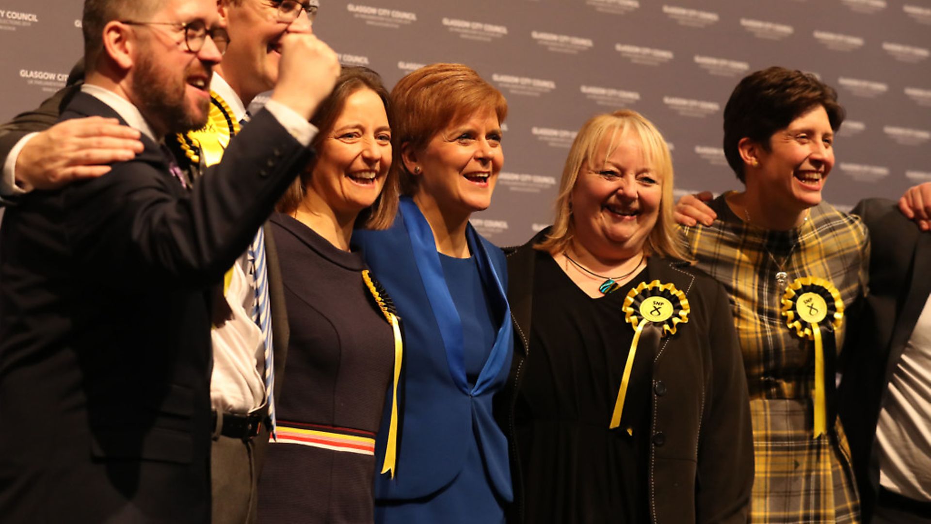 First minister Nicola Sturgeon celebrates with some of her newly elected MPs. Photograph: Andrew Milligan/PA Wire. - Credit: PA