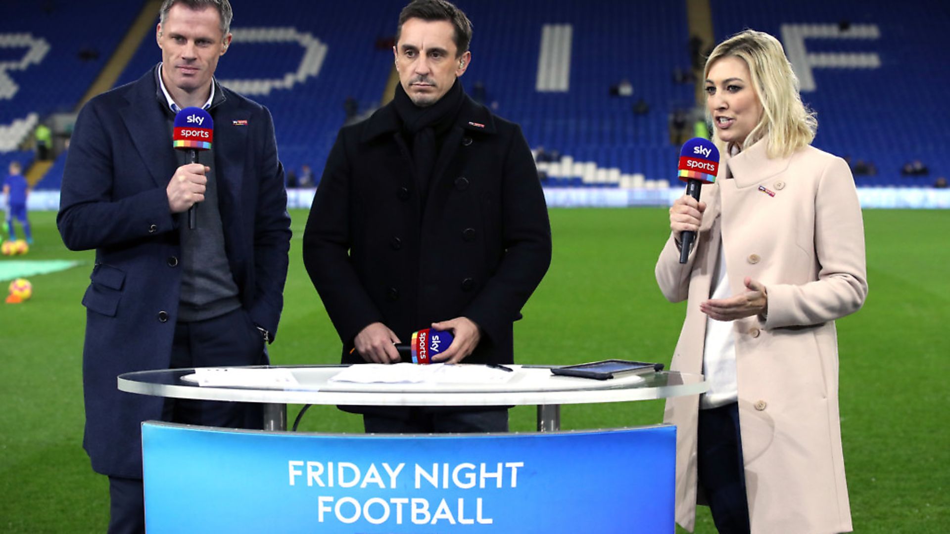 Sky Sports pundits Jamie Carragher (left) and Gary Neville (centre) alongside presenter Kelly Cates. Photograph: Nick Potts/PA. - Credit: PA Archive/PA Images