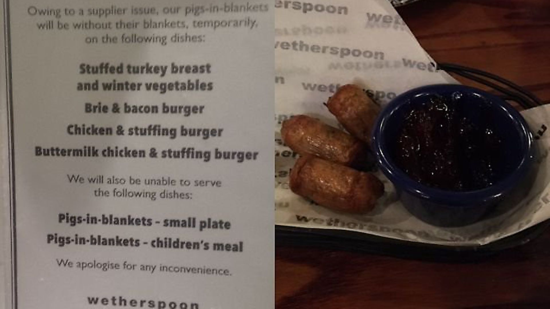 Wetherspoon's poster warning about pig in blankets, and an example of the food delivered. Photograph: Twitter. - Credit: Archant
