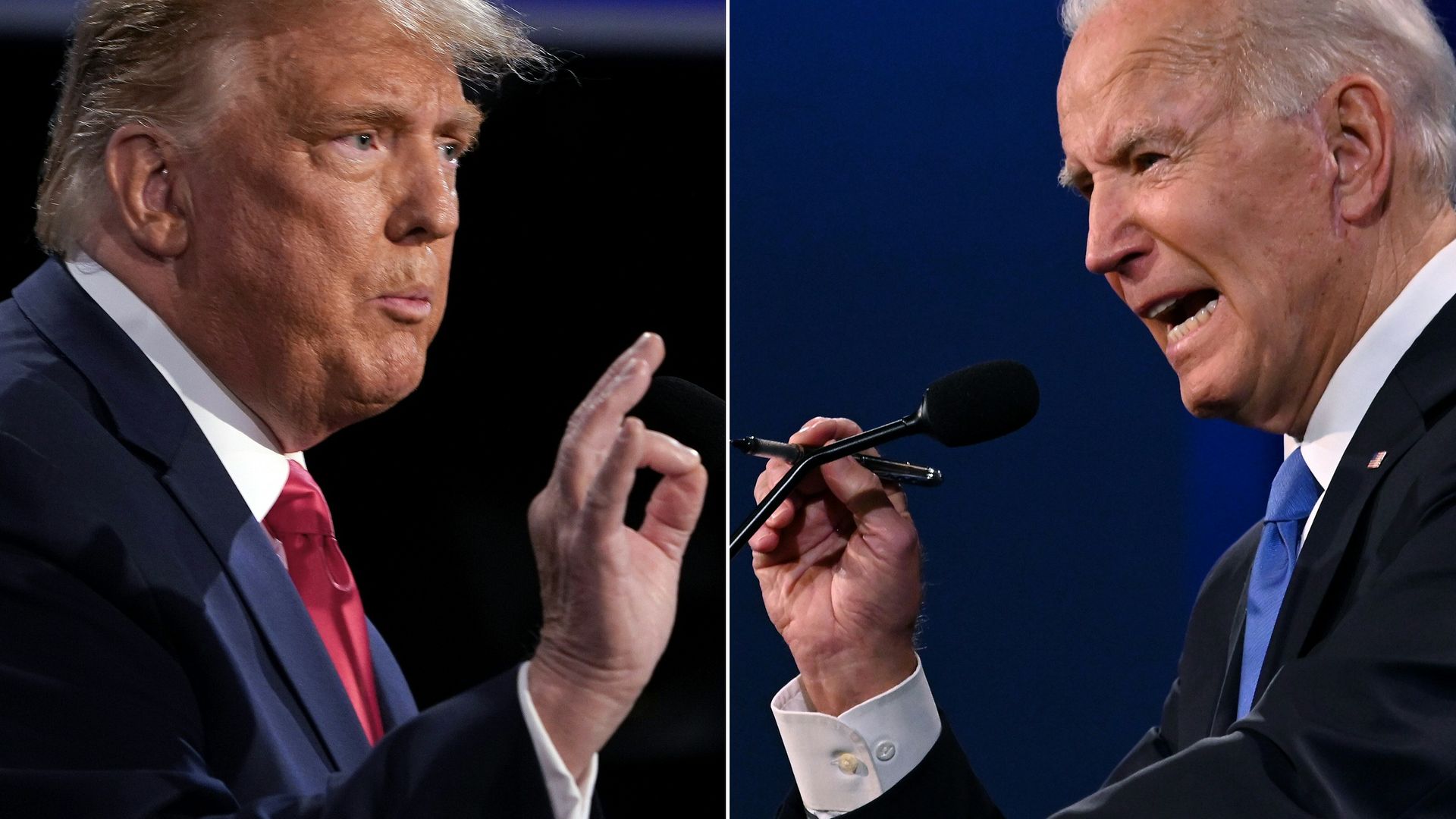 US president Donald Trump (L) and president-elect Joe Biden during the final presidential debate at Belmont University in Nashville, Tennessee - Credit: AFP via Getty Images