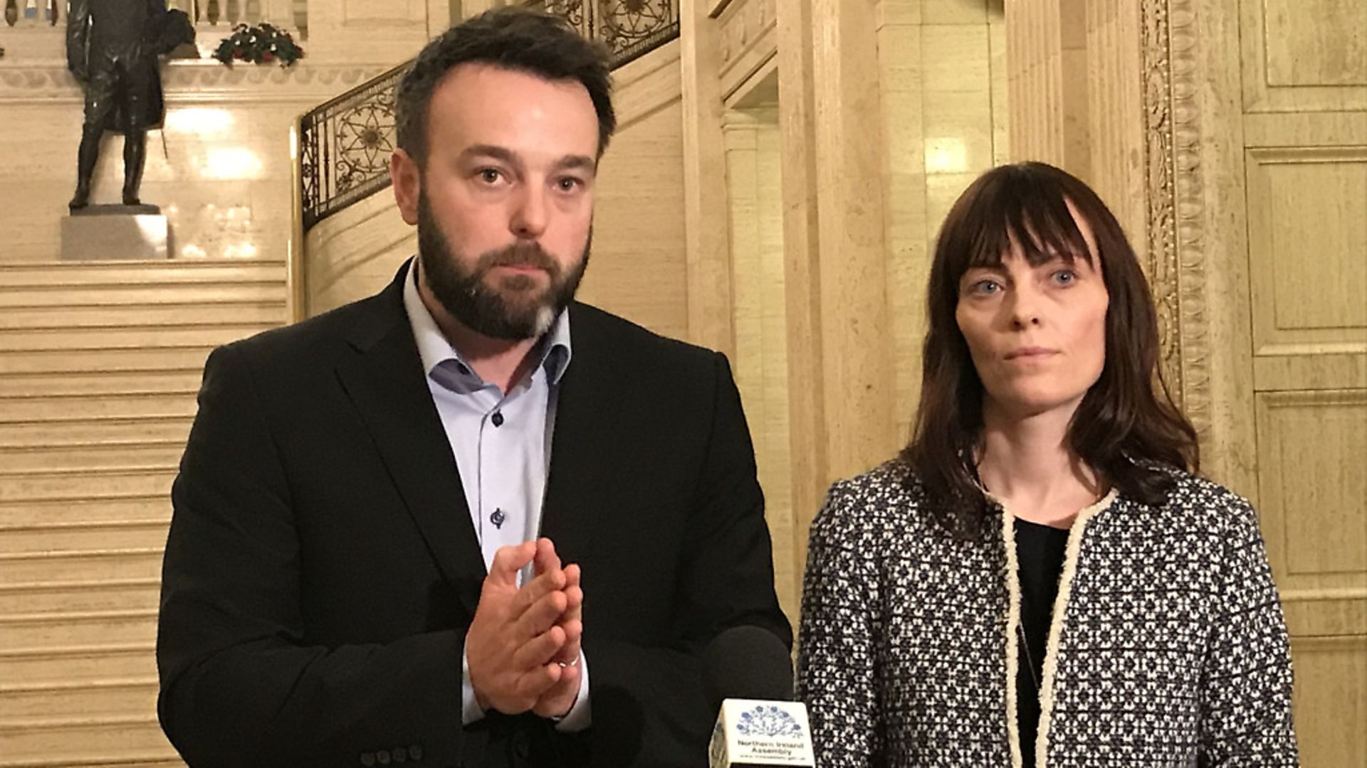 SDLP leader Colum Eastwood (left) and deputy leader Nichola Mallon speak to the media in the Great Hall of Parliament Buildings Stormont. Photograph: Rebecca Black/PA. - Credit: PA Wire/PA Images