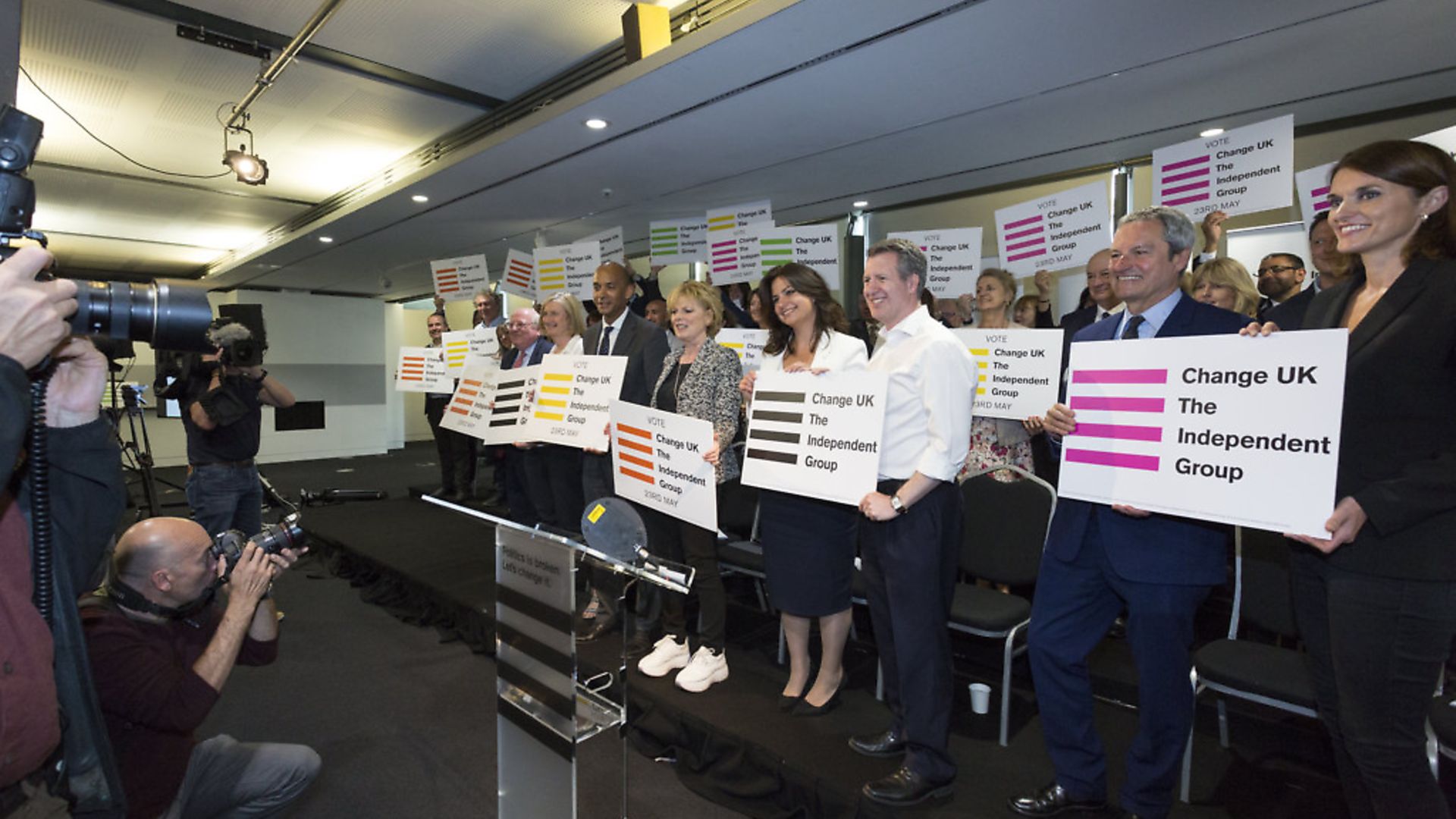Mike Gapes, Chuka Umunna, Anna Soubry, Heidi Allen, Chris Lesley, Gavin Esler and Andrea Cooper at the launch of Change UK, The Independent Group's European election campaign. Photograph: Nicola Tree/Getty. - Credit: Getty Images