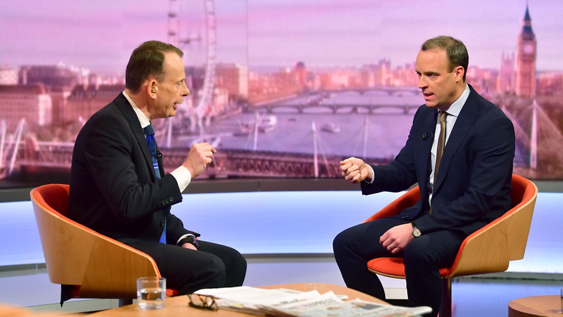 Andrew Marr (left) speaking with Foreign Secretary Dominic Raab. Photograph: Jeff Overs/BBC/PA. - Credit: PA