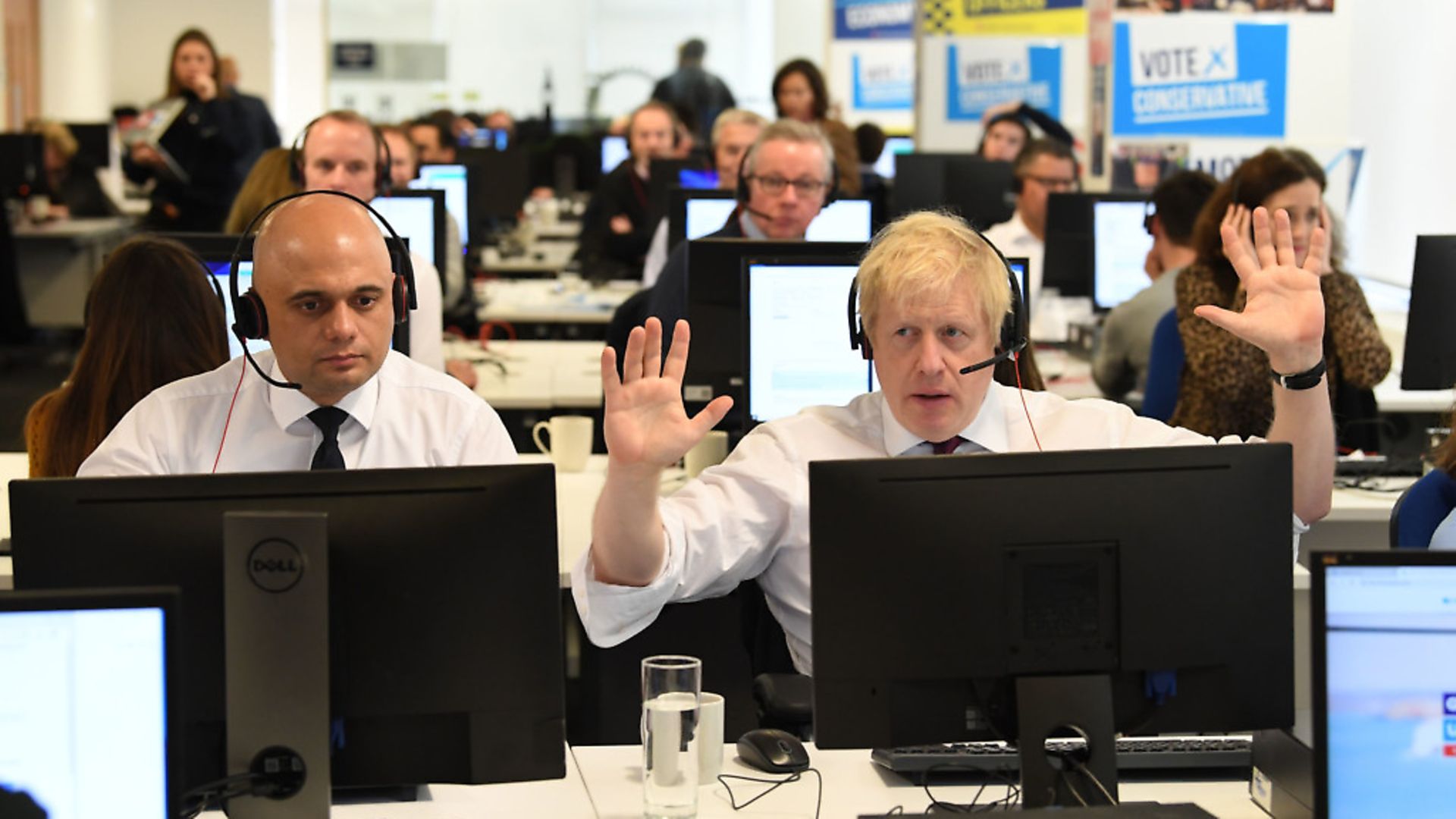 Boris Johnson and chancellor Sajid Javid with other members of the cabinet at Conservative Campaign Headquarters Call Centre. Photograph: Stefan Rousseau/PA Wire. - Credit: PA