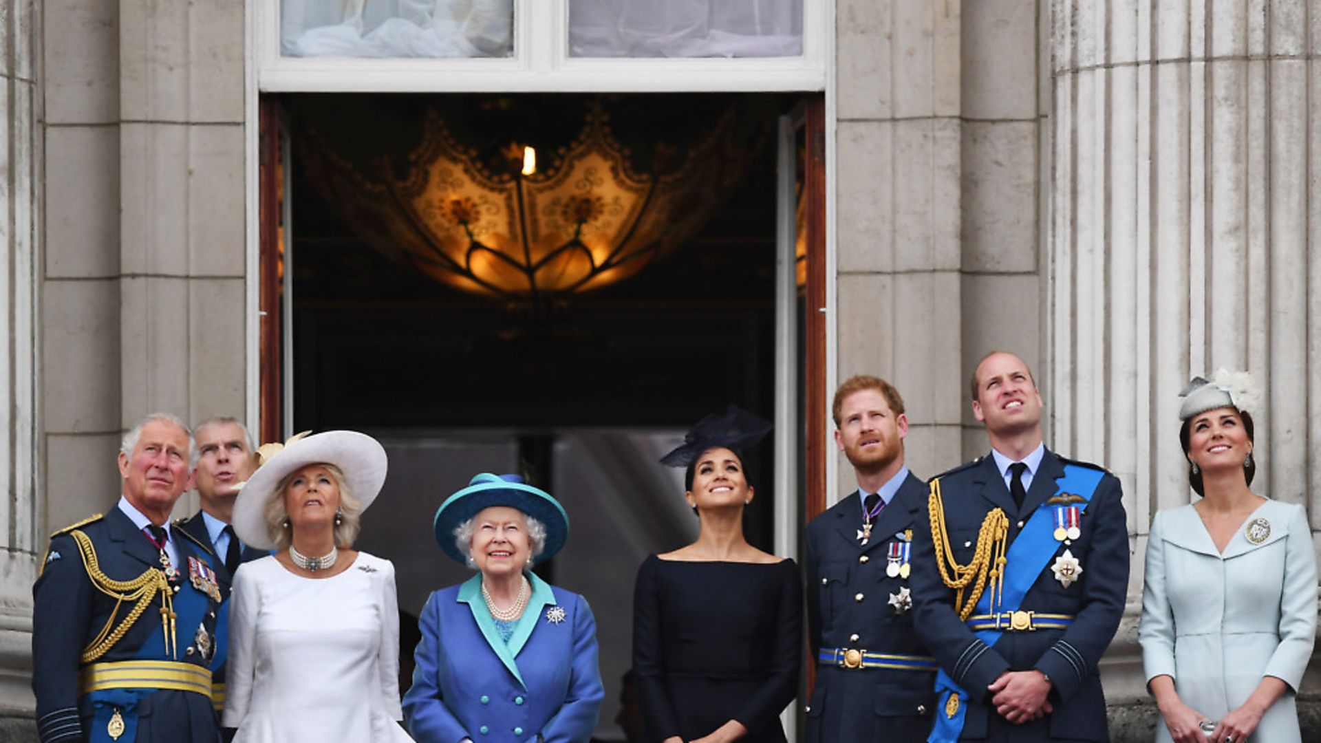 Prince of Wales, Duke of York (obscured), the Duchess of Cornwall, Queen Elizabeth II, the Duke and Duchess of Sussex, Duke and Duchess of Cambridge, on the balcony at Buckingham Palace. Photograph: Victoria Jones/PA Wire. - Credit: PA
