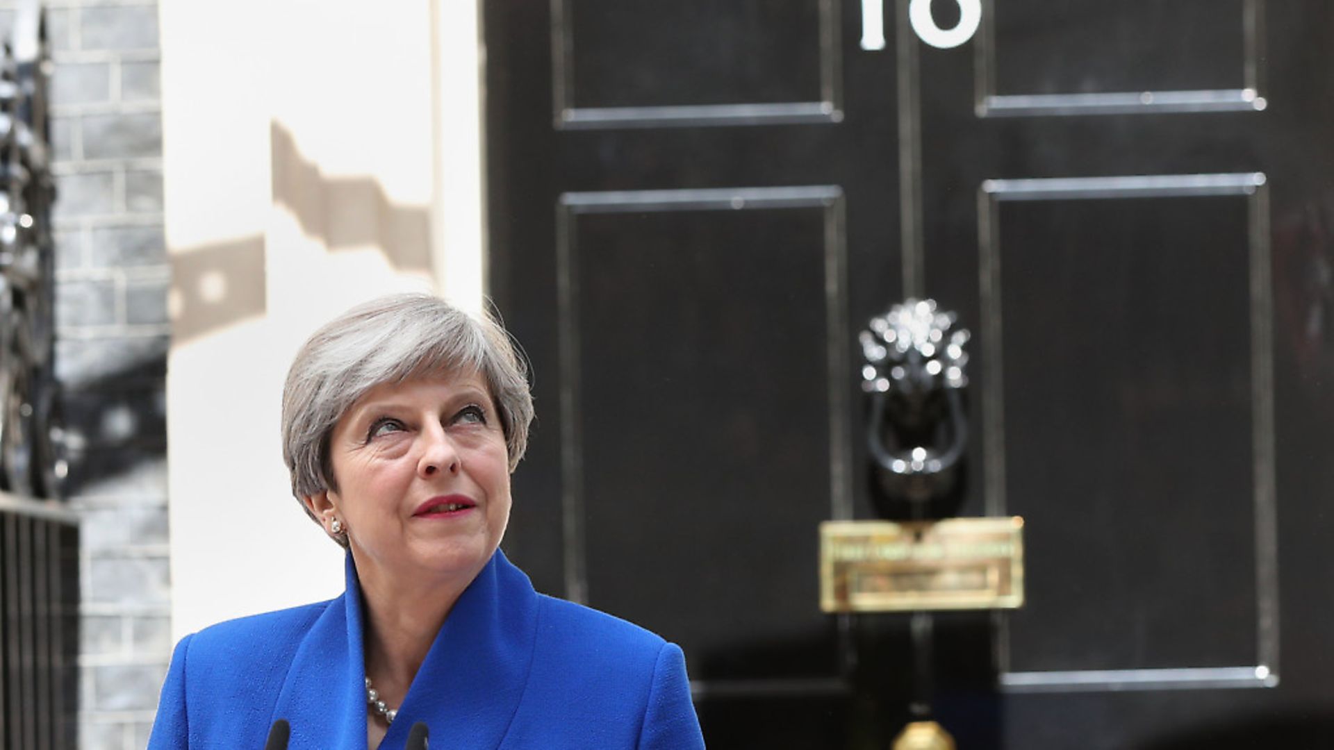 Former prime minster Theresa May making a statement in Downing Street. Photo: Jonathan Brady/PA