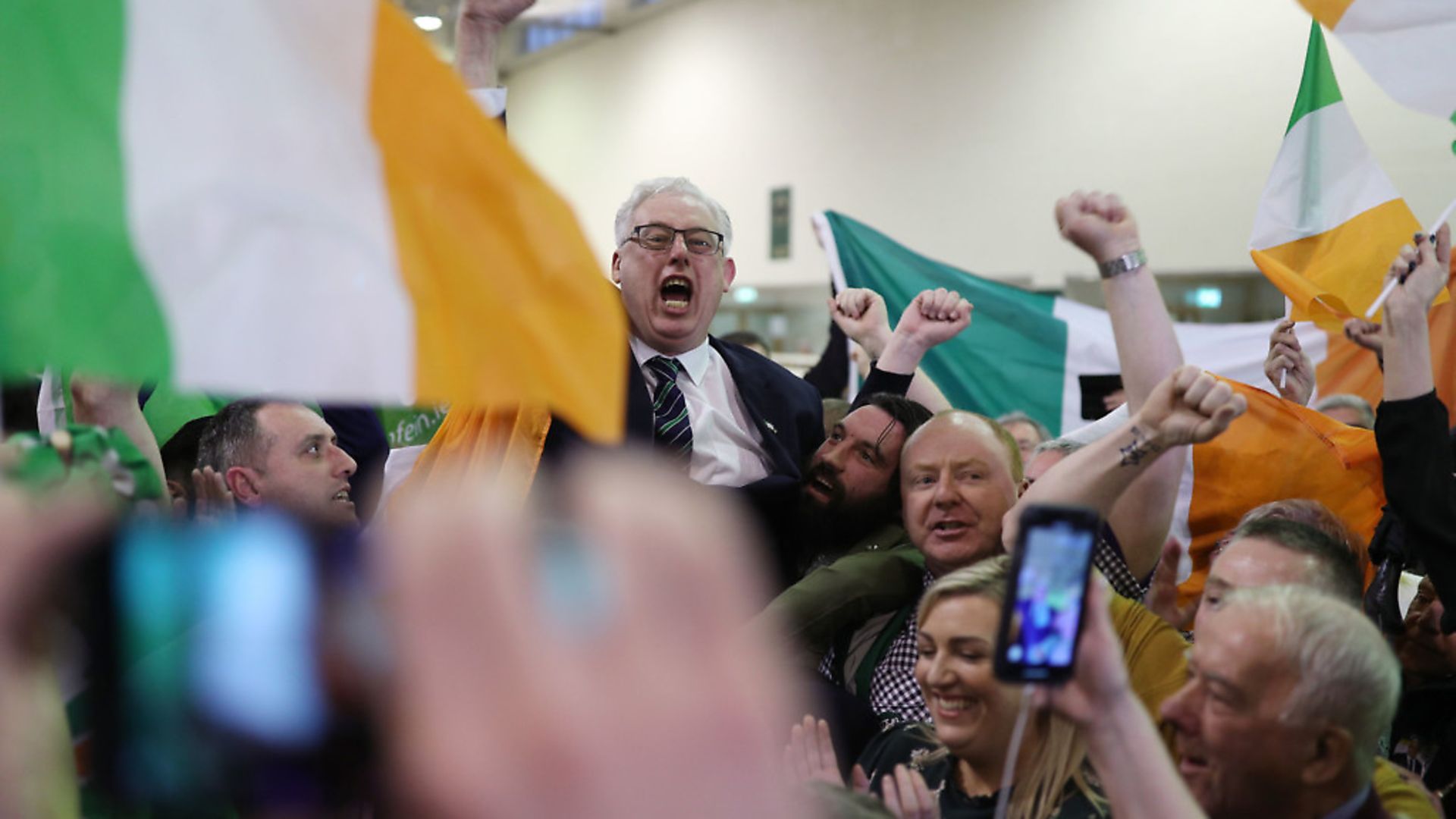 Thomas Gould of Sinn Fein tops the poll and is elected in Cork North Centra during the Irish General Election count. Photograph: Yui Mok/PA Wire. - Credit: PA