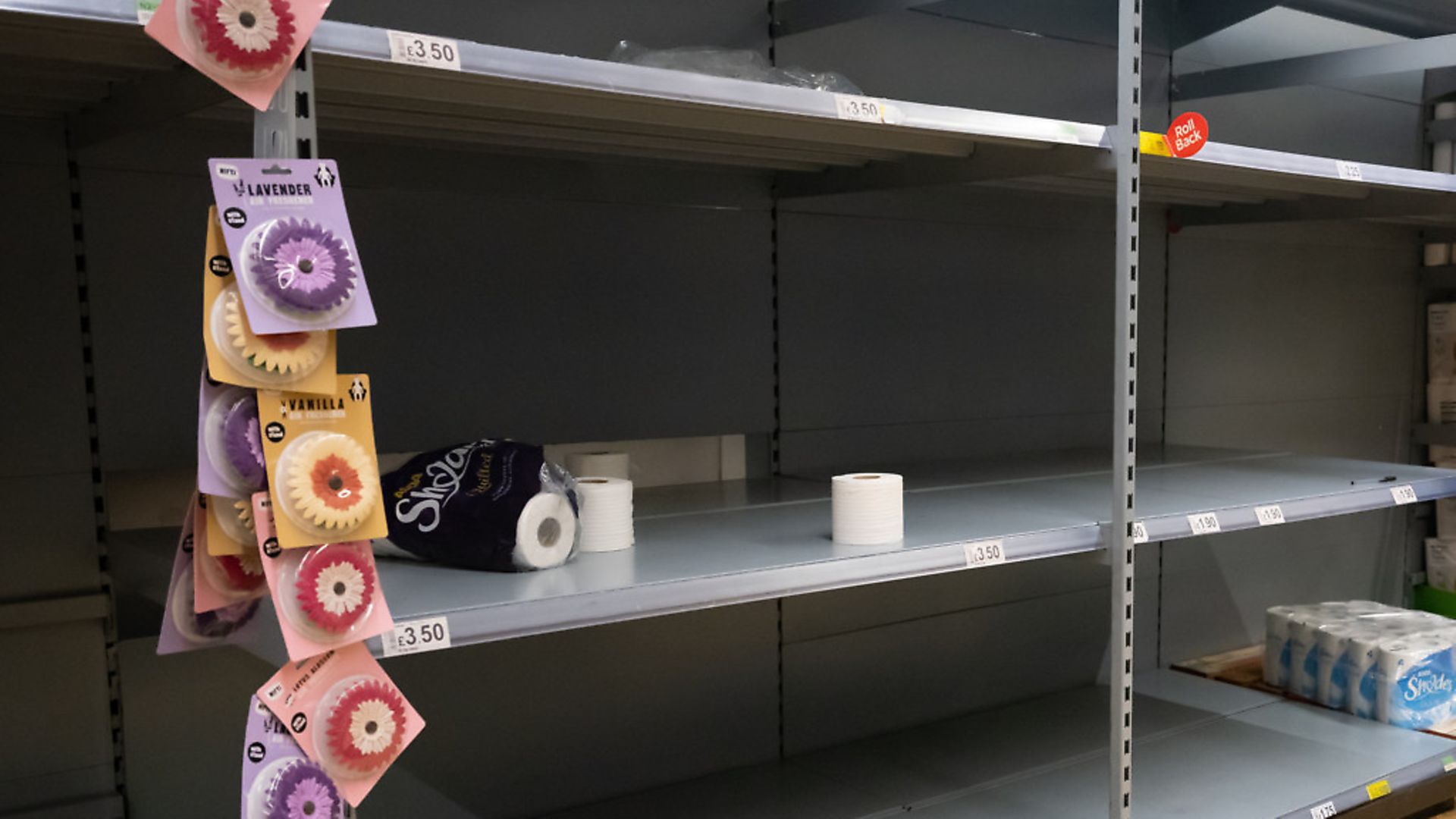 Empty shelves where toilet roll was on sale in an ASDA store. (Photo by Matthew Horwood/Getty Images). - Credit: Getty Images