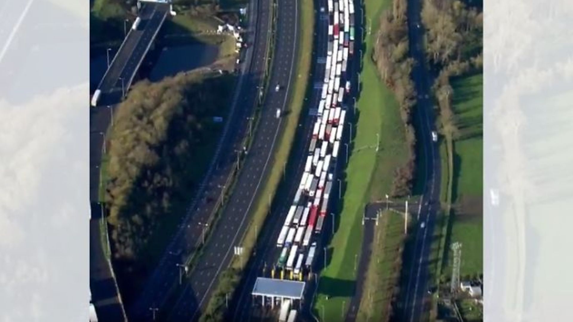 Picture of lorry queue down the M20 for mile upon mile at the entrance of the Eurotunnel in Folkestone - Credit: Twitter, Sky News