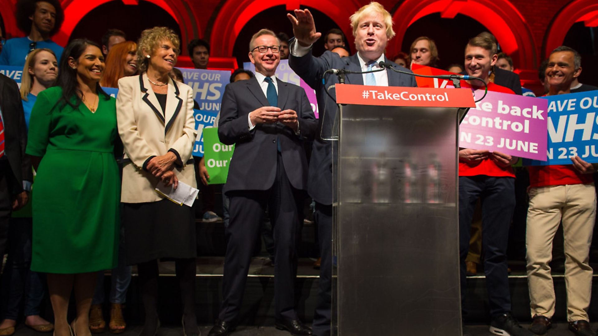 Boris Johnson (right) speaks alongside (from left to centre) Priti Patel, Kate Hoey and Michael Gove at a Vote Leave campaign event. Photograph: Dominic Lipinski. - Credit: PA Archive/PA Images