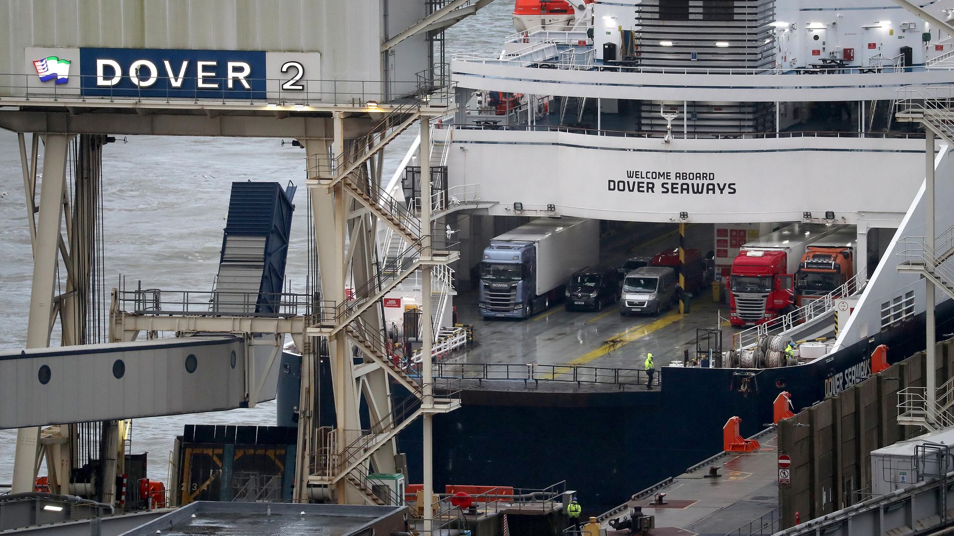 Lorries arrive onboard the DFDS Dover Seaways ferry at the Port of Dover in Kent on the first fully operational day at the port under post-Brexit regulations. - Credit: PA
