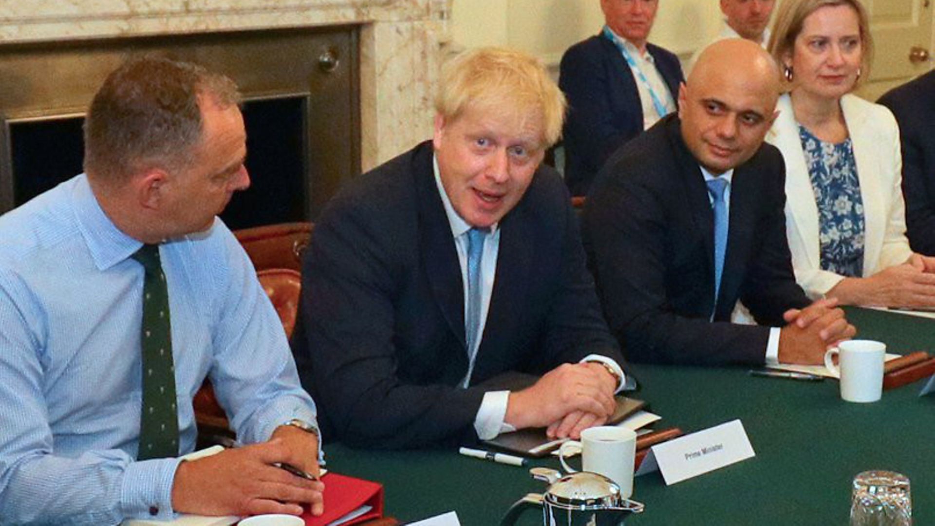 Boris Johnson with Sir Mark Sedwill, Sajid Javid, Amber Rudd, and Lee Cain (back right) as the PM holds his first cabinet meeting at Downing Street - Credit: PA Wire/PA Images