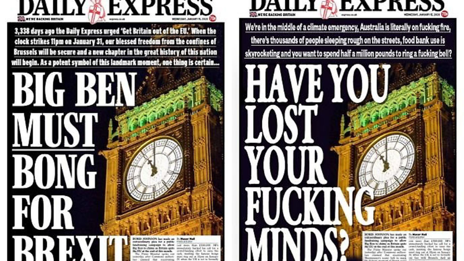 The front cover for the Daily Express and @christhebarker's parody front. Photograph: Twitter. - Credit: Archant